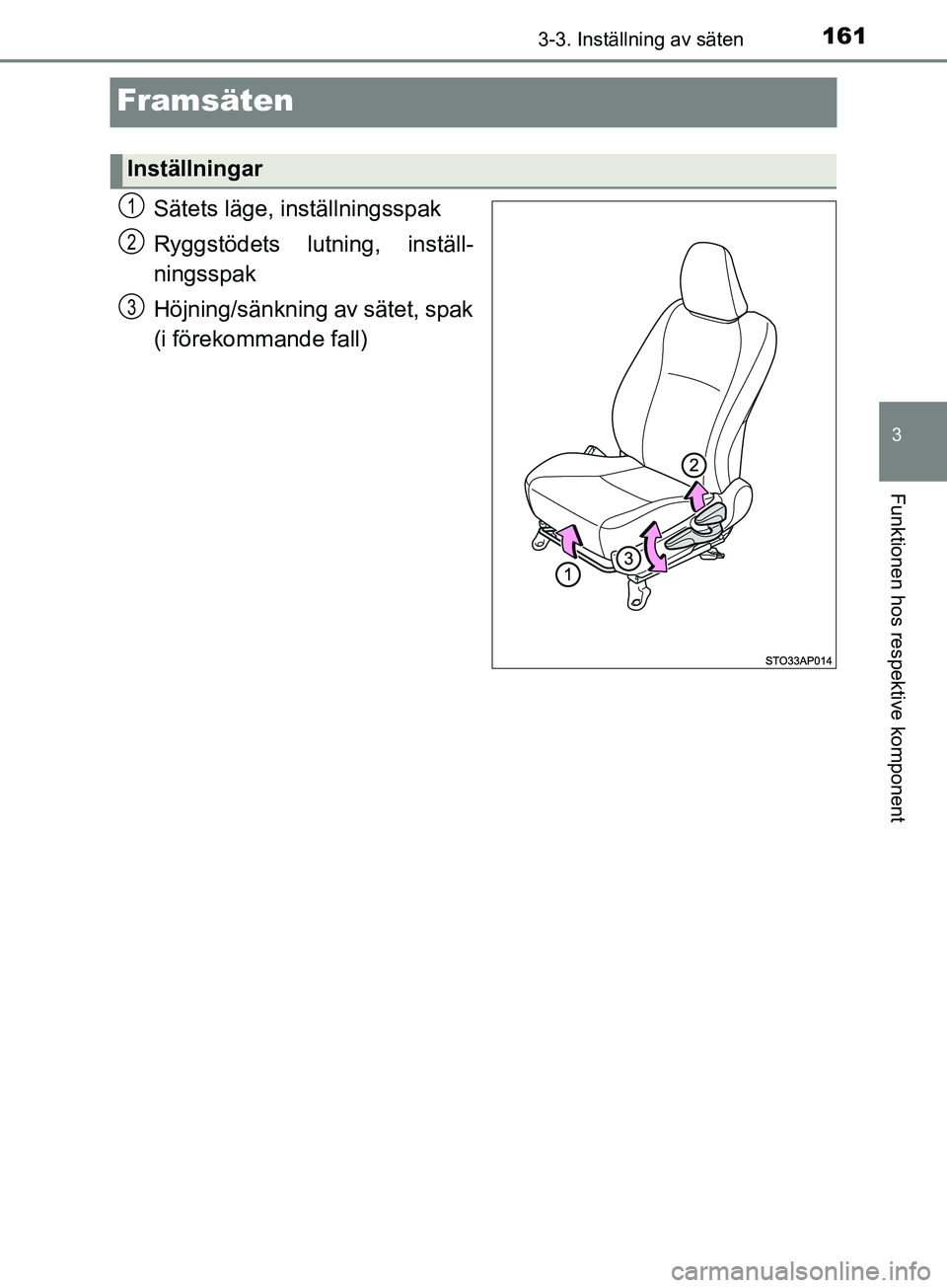 TOYOTA YARIS 2019  Bruksanvisningar (in Swedish) 161
3
3-3. Inställning av säten
Funktionen hos respektive komponent
YARIS_HV_OM_Europe_OM52K29SE
Framsäten
Sätets läge, inställningsspak
Ryggstödets lutning, inställ-
ningsspak
Höjning/sänkn