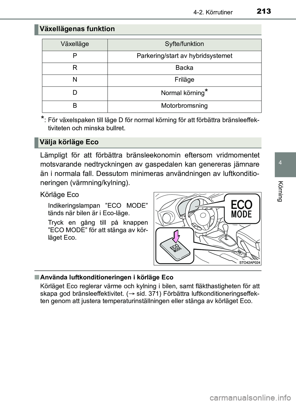 TOYOTA YARIS 2019 Bruksanvisningar (in Swedish) 2134-2. Körrutiner
4
Körning
YARIS_HV_OM_Europe_OM52K29SE
*: För växelspaken till läge D för normal körning för att förbättra bränsleeffek-tiviteten och minska bullret.
Lämpligt för att f TOYOTA YARIS 2019 Bruksanvisningar (in Swedish) 2134-2. Körrutiner
4
Körning
YARIS_HV_OM_Europe_OM52K29SE
*: För växelspaken till läge D för normal körning för att förbättra bränsleeffek-tiviteten och minska bullret.
Lämpligt för att f