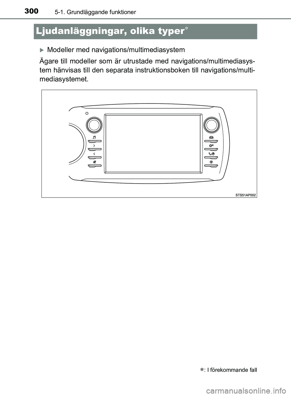 TOYOTA YARIS 2019 Bruksanvisningar (in Swedish) 3005-1. Grundläggande funktioner
YARIS_HV_OM_Europe_OM52K29SE
Ljudanläggningar, olika typer
Modeller med navigations/multimediasystem
Ägare till modeller som är utrustade med navigations/mul TOYOTA YARIS 2019 Bruksanvisningar (in Swedish) 3005-1. Grundläggande funktioner
YARIS_HV_OM_Europe_OM52K29SE
Ljudanläggningar, olika typer
Modeller med navigations/multimediasystem
Ägare till modeller som är utrustade med navigations/mul