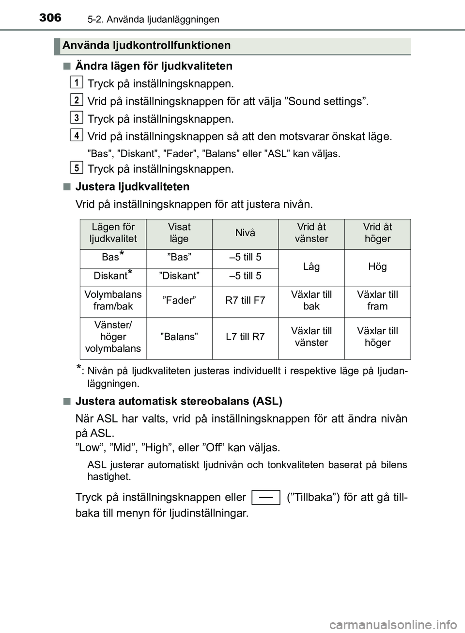 TOYOTA YARIS 2019  Bruksanvisningar (in Swedish) 3065-2. Använda ljudanläggningen
YARIS_HV_OM_Europe_OM52K29SEn
Ändra lägen för ljudkvaliteten
Tryck på inställningsknappen.
Vrid på inställningsknappen för att välja ”Sound settings”.
T