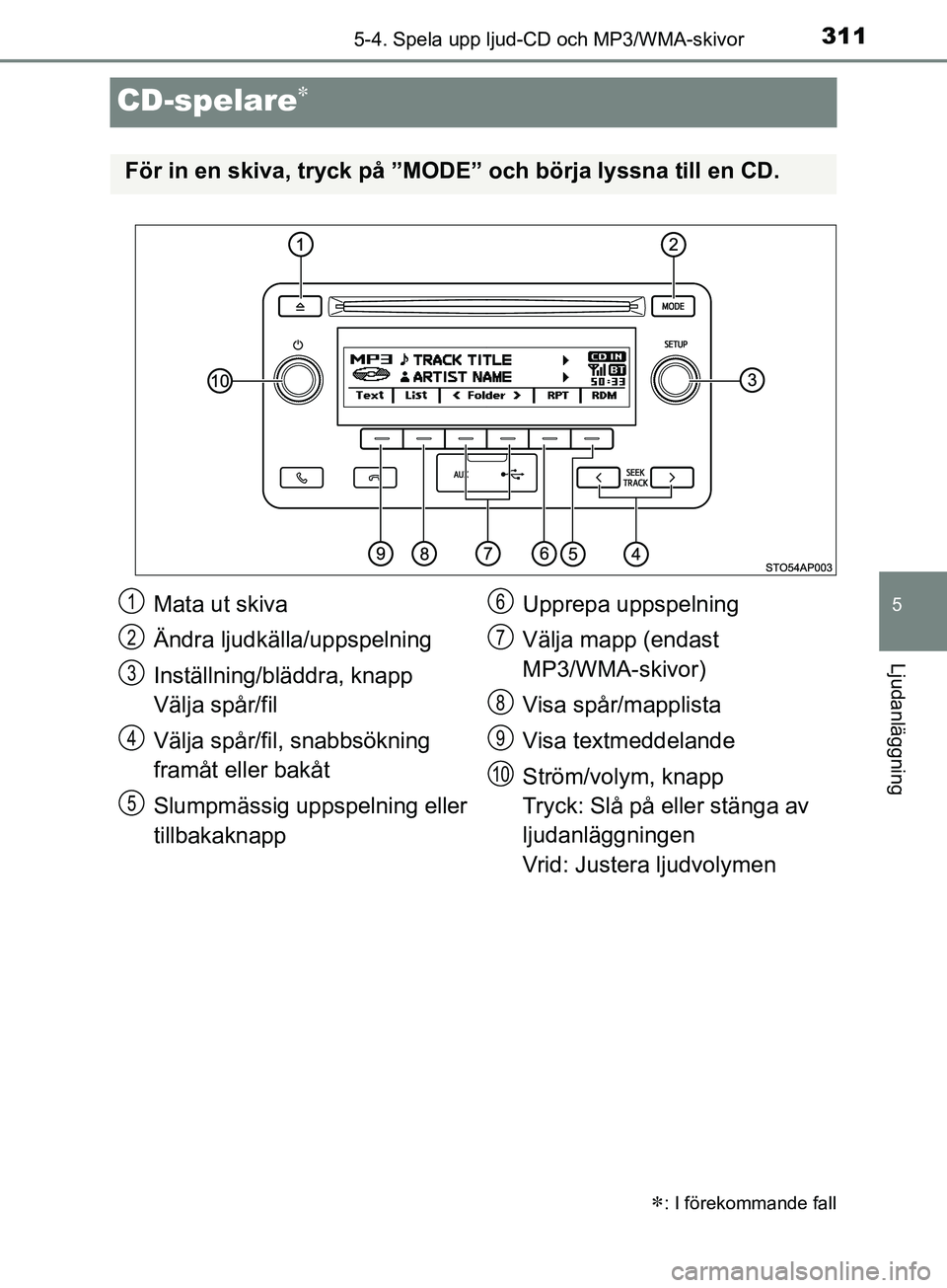 TOYOTA YARIS 2019  Bruksanvisningar (in Swedish) 311
5
5-4. Spela upp ljud-CD och MP3/WMA-skivor
Ljudanläggning
YARIS_HV_OM_Europe_OM52K29SE
CD-spelare
: I förekommande fall
För in en skiva, tryck på ”MODE” och börja lyssna till en CD