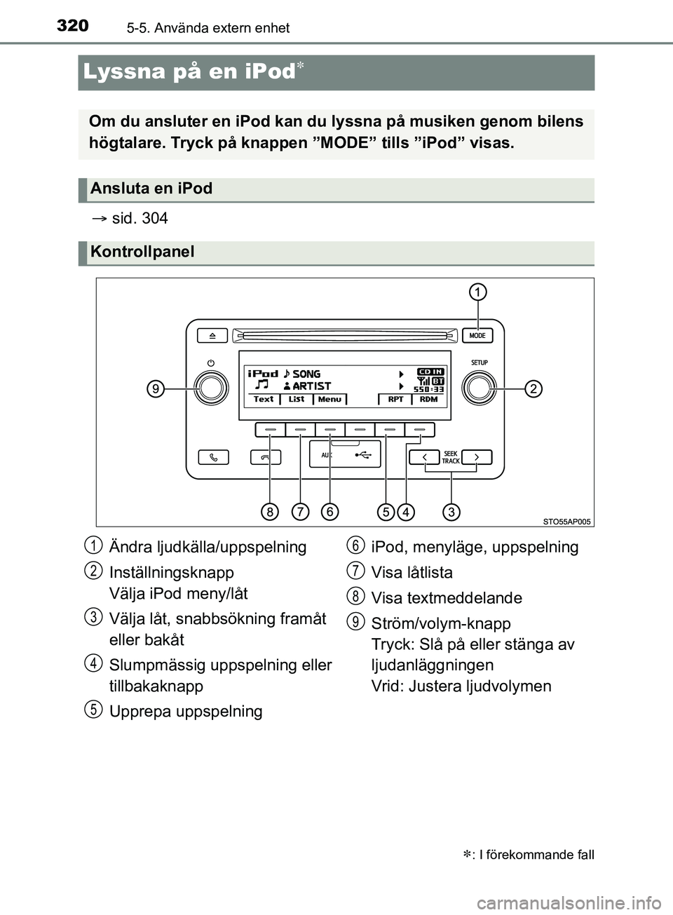 TOYOTA YARIS 2019  Bruksanvisningar (in Swedish) 3205-5. Använda extern enhet
YARIS_HV_OM_Europe_OM52K29SE
Lyssna på en iPod
sid. 304
: I förekommande fall
Om du ansluter en iPod kan du  lyssna på musiken genom bilens
högtalare. Tryck 