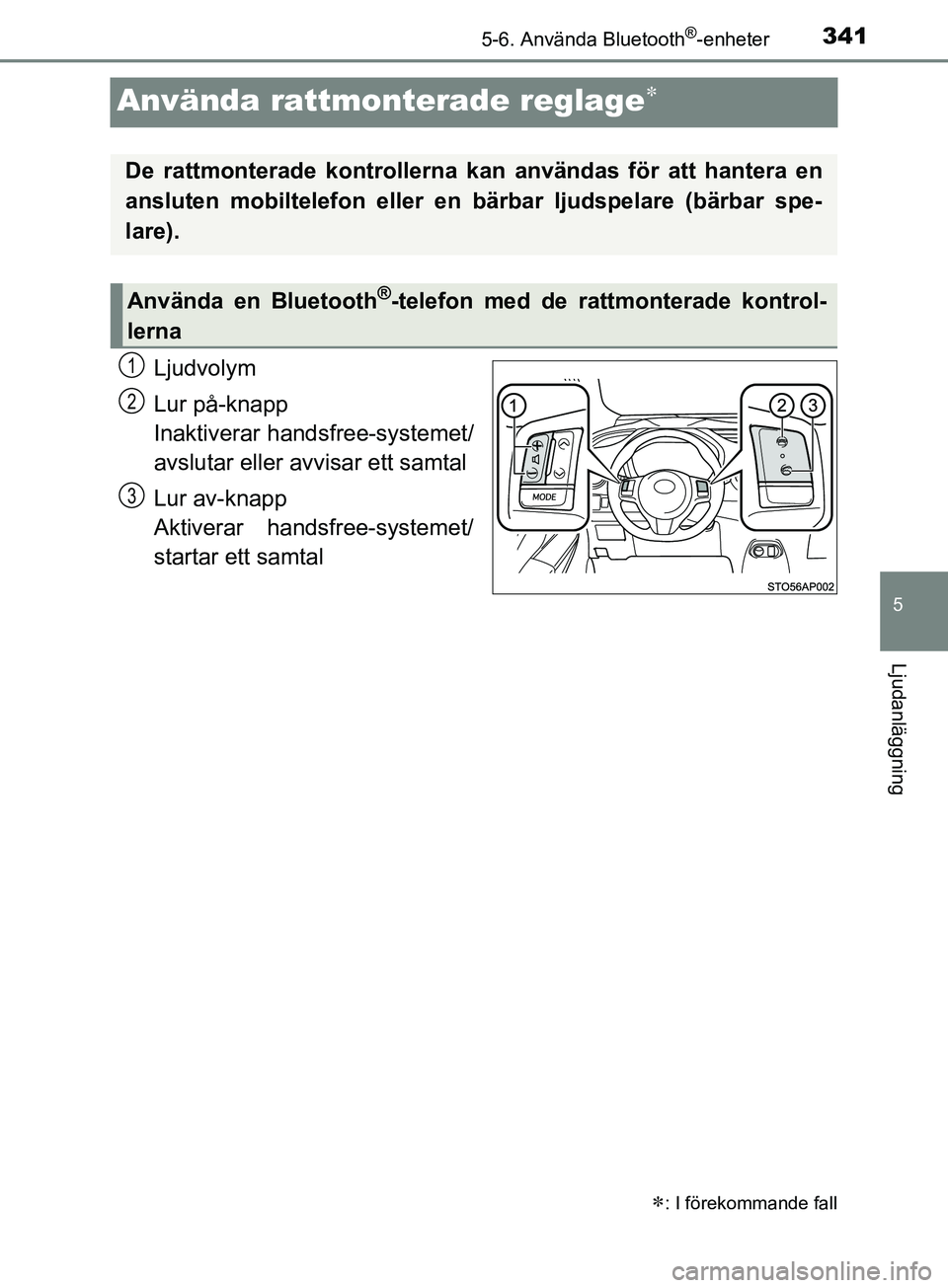 TOYOTA YARIS 2019 Bruksanvisningar (in Swedish) 3415-6. Använda Bluetooth®-enheter
5
Ljudanläggning
YARIS_HV_OM_Europe_OM52K29SE
Använda rattmonterade reglage
Ljudvolym
Lur på-knapp
Inaktiverar handsfree-systemet/
avslutar eller avvisar ett TOYOTA YARIS 2019 Bruksanvisningar (in Swedish) 3415-6. Använda Bluetooth®-enheter
5
Ljudanläggning
YARIS_HV_OM_Europe_OM52K29SE
Använda rattmonterade reglage
Ljudvolym
Lur på-knapp
Inaktiverar handsfree-systemet/
avslutar eller avvisar ett