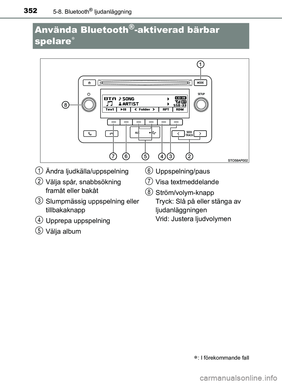 TOYOTA YARIS 2019 Bruksanvisningar (in Swedish) 3525-8. Bluetooth® ljudanläggning
YARIS_HV_OM_Europe_OM52K29SE
Använda Bluetooth®-aktiverad bärbar
spelare
: I förekommande fall
Ändra ljudkälla/uppspelning
Välja spår, snabbsökning TOYOTA YARIS 2019 Bruksanvisningar (in Swedish) 3525-8. Bluetooth® ljudanläggning
YARIS_HV_OM_Europe_OM52K29SE
Använda Bluetooth®-aktiverad bärbar
spelare
: I förekommande fall
Ändra ljudkälla/uppspelning
Välja spår, snabbsökning