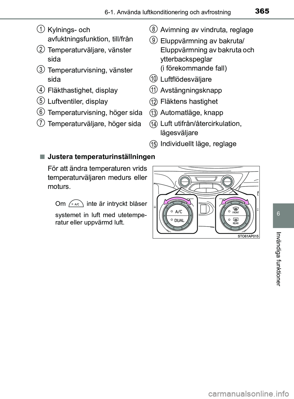 TOYOTA YARIS 2019 Bruksanvisningar (in Swedish) 3656-1. Använda luftkonditionering och avfrostning
6
Invändiga funktioner
YARIS_HV_OM_Europe_OM52K29SEn
Justera temperaturinställningen
För att ändra temperaturen vrids
temperaturväljaren medurs TOYOTA YARIS 2019 Bruksanvisningar (in Swedish) 3656-1. Använda luftkonditionering och avfrostning
6
Invändiga funktioner
YARIS_HV_OM_Europe_OM52K29SEn
Justera temperaturinställningen
För att ändra temperaturen vrids
temperaturväljaren medurs