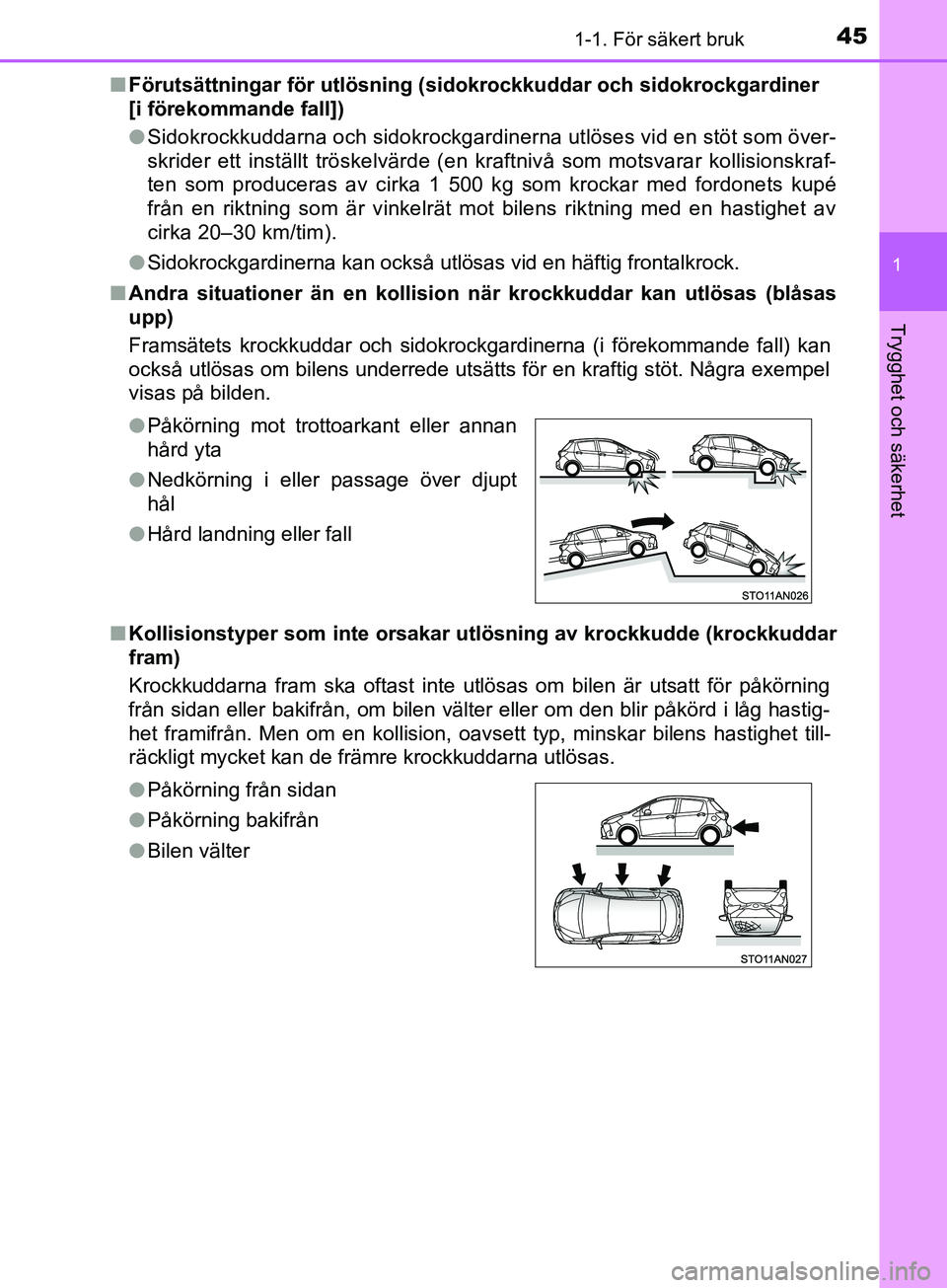 TOYOTA YARIS 2019  Bruksanvisningar (in Swedish) 451-1. För säkert bruk
1
Trygghet och säkerhet
YARIS_HV_OM_Europe_OM52K29SEn
Förutsättningar för utlösning (sidokrockkuddar och sidokrockgardiner 
[i förekommande fall])
lSidokrockkuddarna och