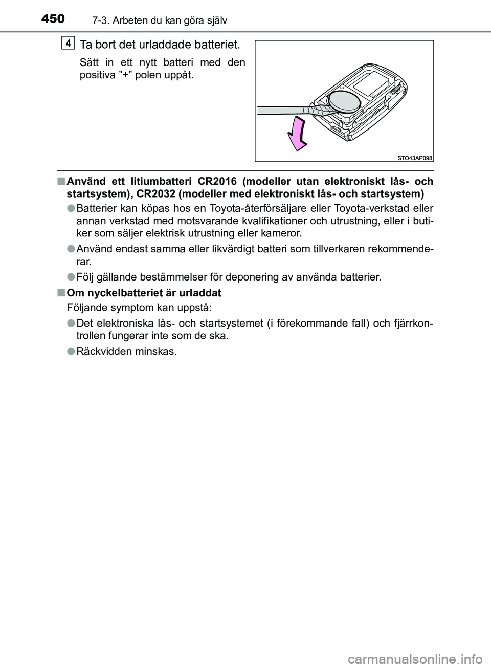 TOYOTA YARIS 2019 Bruksanvisningar (in Swedish) 4507-3. Arbeten du kan göra själv
YARIS_HV_OM_Europe_OM52K29SE
Ta bort det urladdade batteriet.
Sätt in ett nytt batteri med den
positiva ”+” polen uppåt.
nAnvänd ett litiumbatteri CR2016 (mo TOYOTA YARIS 2019 Bruksanvisningar (in Swedish) 4507-3. Arbeten du kan göra själv
YARIS_HV_OM_Europe_OM52K29SE
Ta bort det urladdade batteriet.
Sätt in ett nytt batteri med den
positiva ”+” polen uppåt.
nAnvänd ett litiumbatteri CR2016 (mo