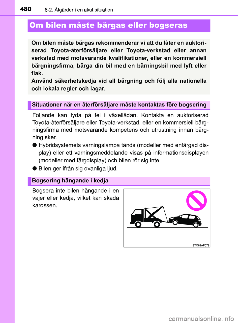 TOYOTA YARIS 2019  Bruksanvisningar (in Swedish) 4808-2. Åtgärder i en akut situation
YARIS_HV_OM_Europe_OM52K29SE
Om bilen måste bärgas eller bogseras
Följande kan tyda på fel i växellådan. Kontakta en auktoriserad
Toyota-återförsäljare 