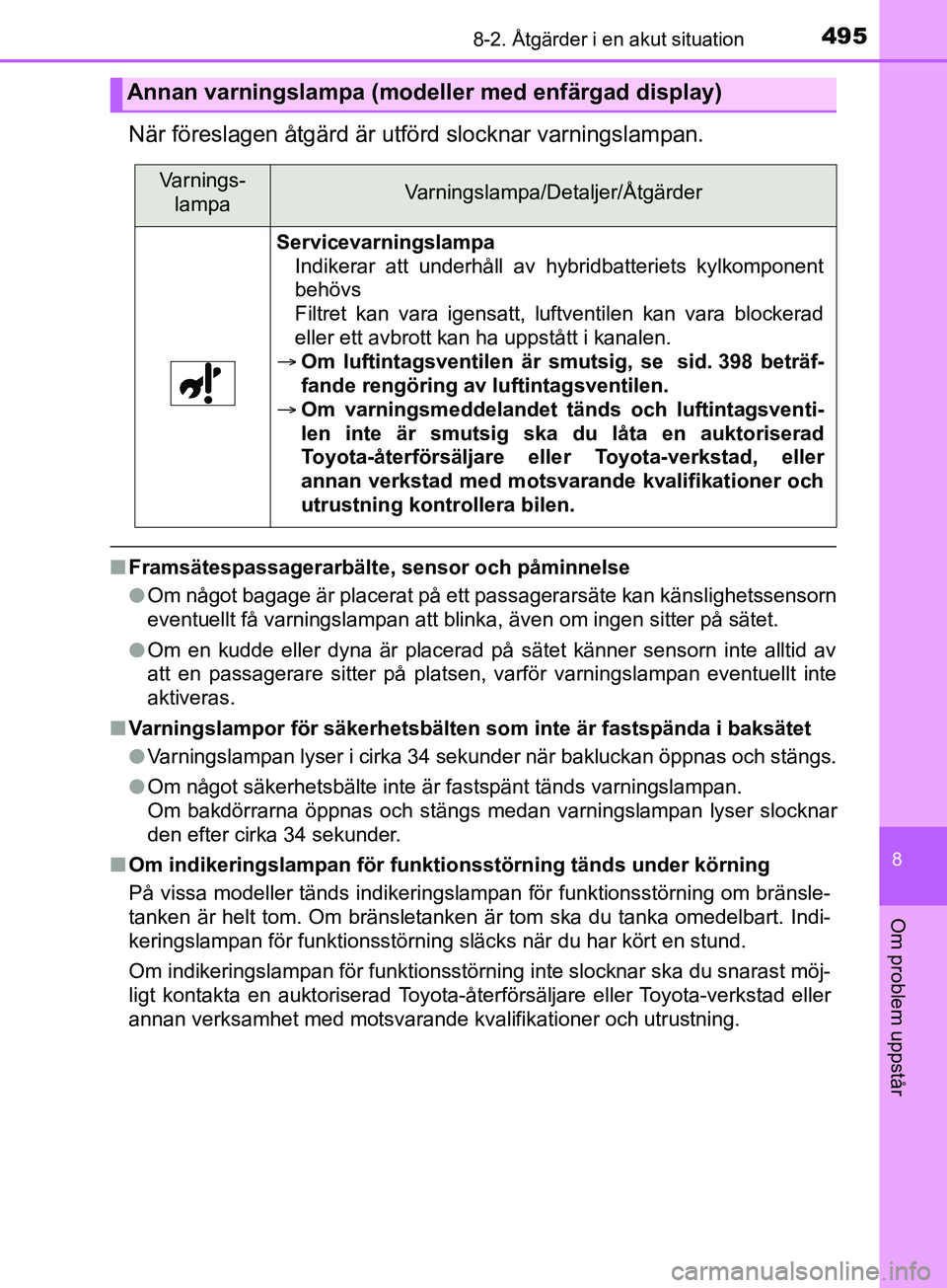 TOYOTA YARIS 2019 Bruksanvisningar (in Swedish) 4958-2. Åtgärder i en akut situation
8
Om problem uppstår
YARIS_HV_OM_Europe_OM52K29SE
När föreslagen åtgärd är utförd slocknar varningslampan.
nFramsätespassagerarbälte, sensor och påminn TOYOTA YARIS 2019 Bruksanvisningar (in Swedish) 4958-2. Åtgärder i en akut situation
8
Om problem uppstår
YARIS_HV_OM_Europe_OM52K29SE
När föreslagen åtgärd är utförd slocknar varningslampan.
nFramsätespassagerarbälte, sensor och påminn