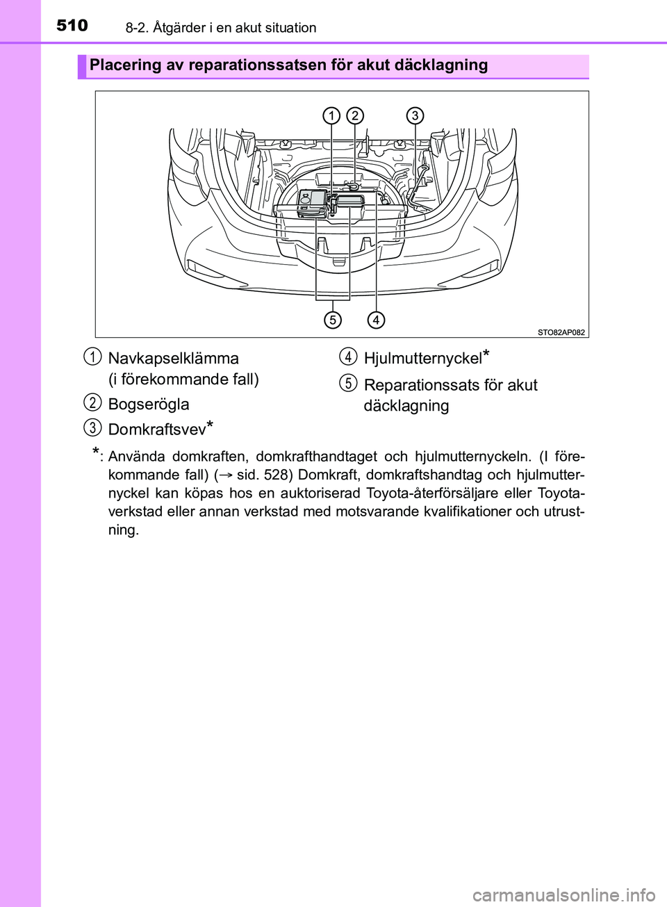 TOYOTA YARIS 2019 Bruksanvisningar (in Swedish) 5108-2. Åtgärder i en akut situation
YARIS_HV_OM_Europe_OM52K29SE
*: Använda domkraften, domkrafthandtaget och hjulmutternyckeln. (I före-kommande fall) ( sid. 528) Domkraft, domkraftshandtag o TOYOTA YARIS 2019 Bruksanvisningar (in Swedish) 5108-2. Åtgärder i en akut situation
YARIS_HV_OM_Europe_OM52K29SE
*: Använda domkraften, domkrafthandtaget och hjulmutternyckeln. (I före-kommande fall) ( sid. 528) Domkraft, domkraftshandtag o