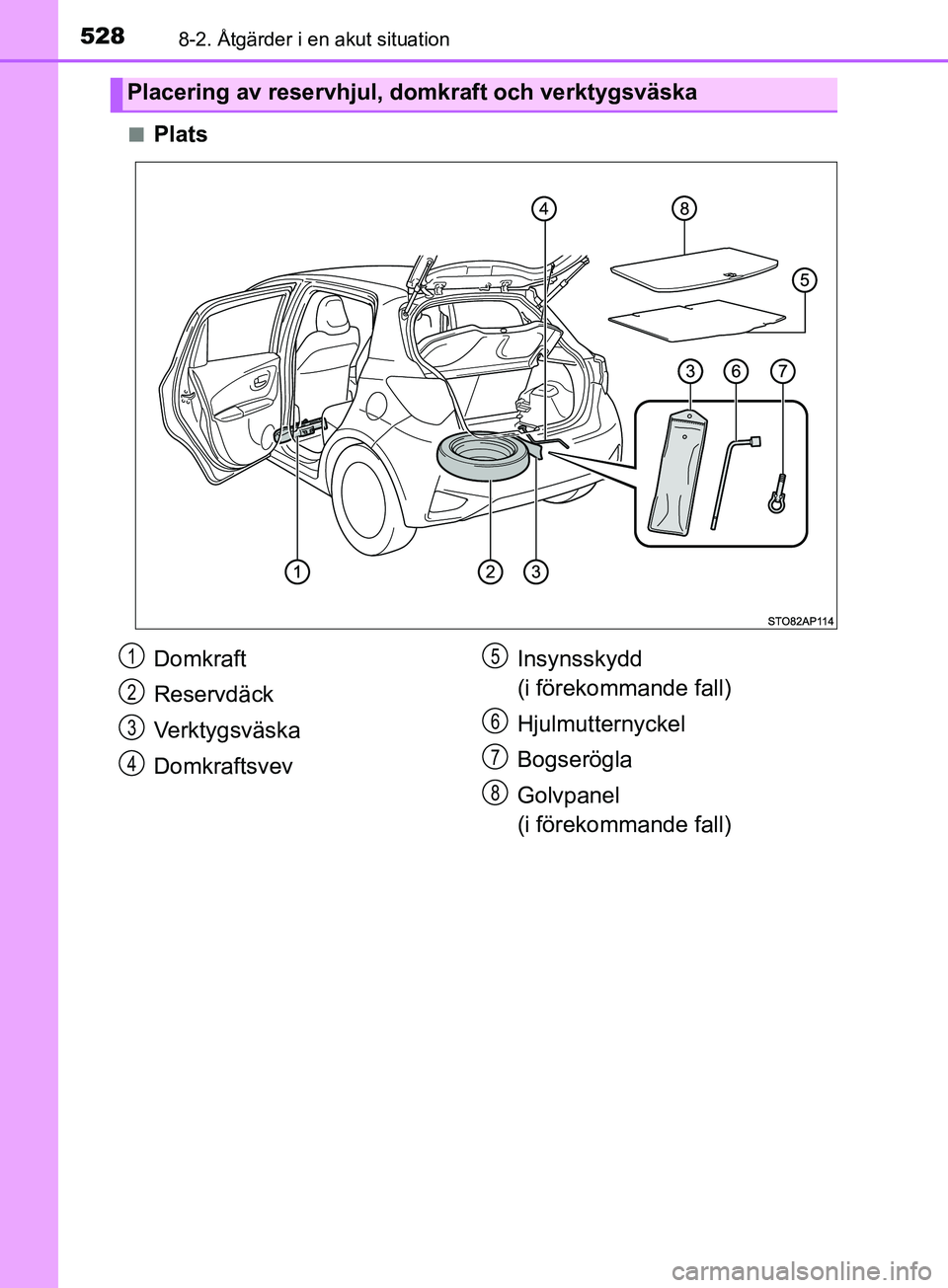 TOYOTA YARIS 2019 Bruksanvisningar (in Swedish) 5288-2. Åtgärder i en akut situation
YARIS_HV_OM_Europe_OM52K29SEn
Plats
Placering av reservhjul, domkraft och verktygsväska
Domkraft
Reservdäck
Verktygsväska
Domkraftsvev
Insynsskydd
(i föreko TOYOTA YARIS 2019 Bruksanvisningar (in Swedish) 5288-2. Åtgärder i en akut situation
YARIS_HV_OM_Europe_OM52K29SEn
Plats
Placering av reservhjul, domkraft och verktygsväska
Domkraft
Reservdäck
Verktygsväska
Domkraftsvev
Insynsskydd
(i föreko