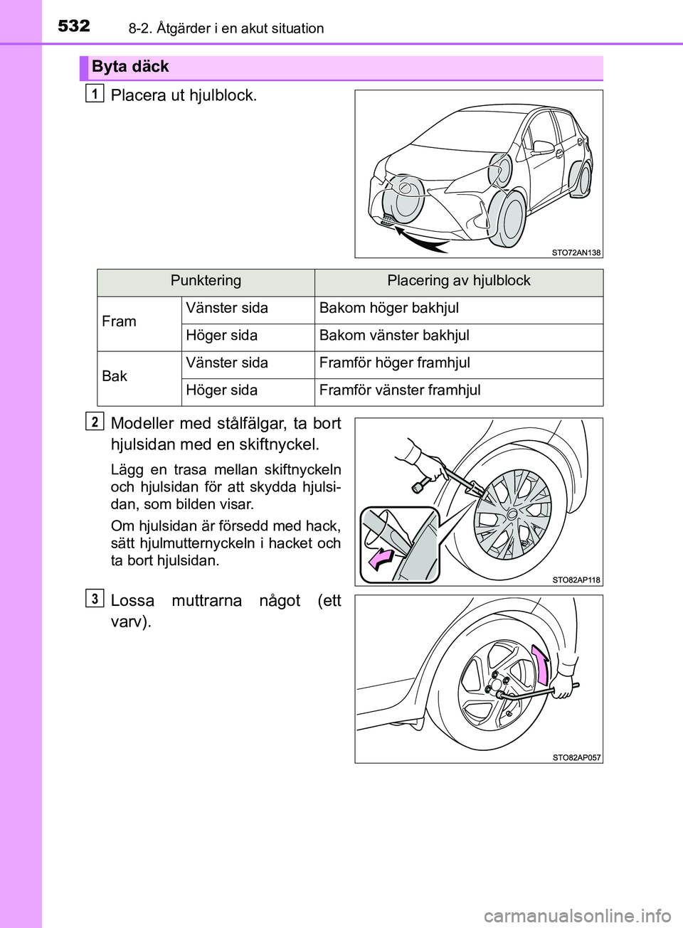 TOYOTA YARIS 2019 Bruksanvisningar (in Swedish) 5328-2. Åtgärder i en akut situation
YARIS_HV_OM_Europe_OM52K29SE
Placera ut hjulblock.
Modeller med stålfälgar, ta bort
hjulsidan med en skiftnyckel.
Lägg en trasa mellan skiftnyckeln
och hjulsi TOYOTA YARIS 2019 Bruksanvisningar (in Swedish) 5328-2. Åtgärder i en akut situation
YARIS_HV_OM_Europe_OM52K29SE
Placera ut hjulblock.
Modeller med stålfälgar, ta bort
hjulsidan med en skiftnyckel.
Lägg en trasa mellan skiftnyckeln
och hjulsi
