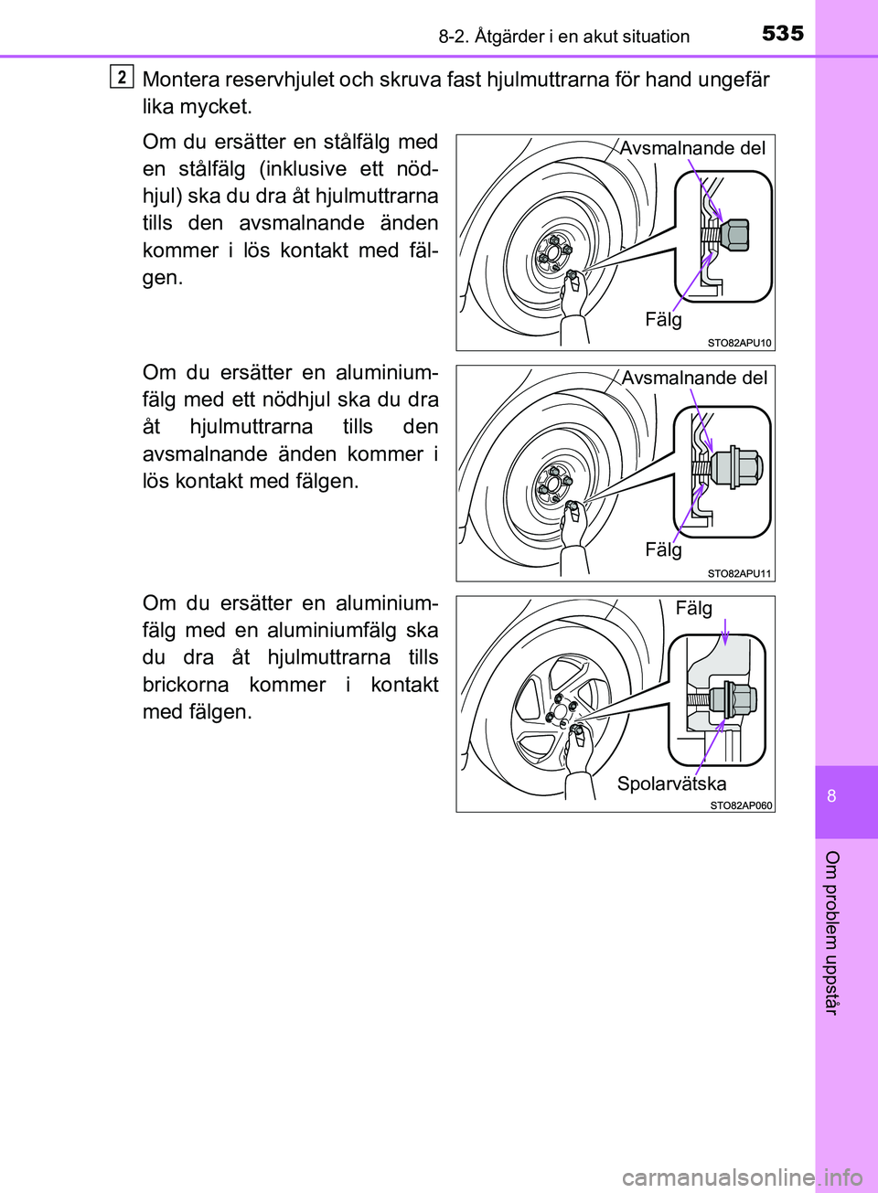 TOYOTA YARIS 2019 Bruksanvisningar (in Swedish) 5358-2. Åtgärder i en akut situation
8
Om problem uppstår
YARIS_HV_OM_Europe_OM52K29SE
Montera reservhjulet och skruva fast hjulmuttrarna för hand ungefär
lika mycket.
Om du ersätter en stålfä TOYOTA YARIS 2019 Bruksanvisningar (in Swedish) 5358-2. Åtgärder i en akut situation
8
Om problem uppstår
YARIS_HV_OM_Europe_OM52K29SE
Montera reservhjulet och skruva fast hjulmuttrarna för hand ungefär
lika mycket.
Om du ersätter en stålfä