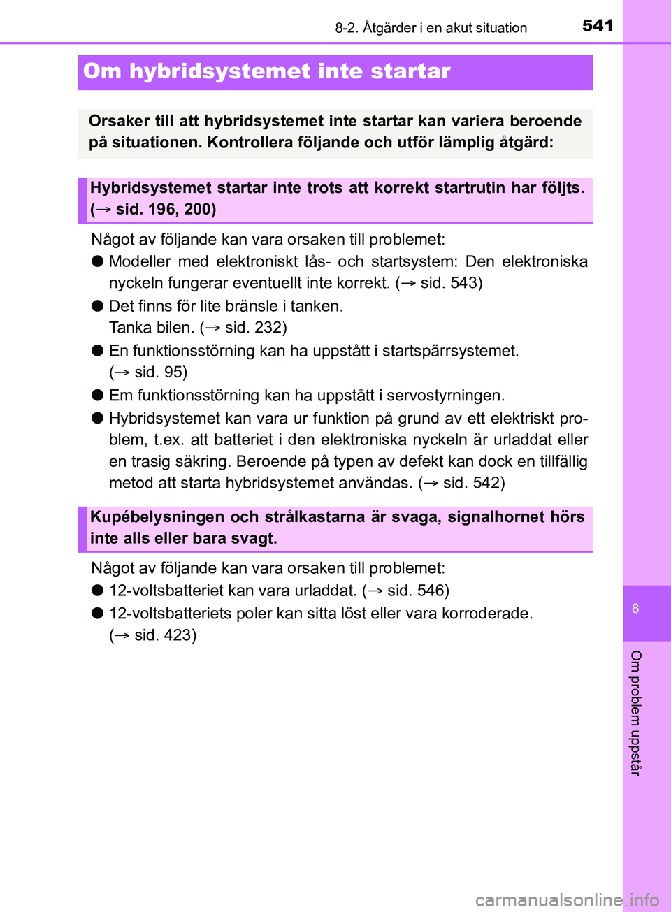 TOYOTA YARIS 2019 Bruksanvisningar (in Swedish) 5418-2. Åtgärder i en akut situation
8
Om problem uppstår
YARIS_HV_OM_Europe_OM52K29SE
Om hybridsystemet inte startar
Något av följande kan vara orsaken till problemet:
lModeller med elektroniskt TOYOTA YARIS 2019 Bruksanvisningar (in Swedish) 5418-2. Åtgärder i en akut situation
8
Om problem uppstår
YARIS_HV_OM_Europe_OM52K29SE
Om hybridsystemet inte startar
Något av följande kan vara orsaken till problemet:
lModeller med elektroniskt