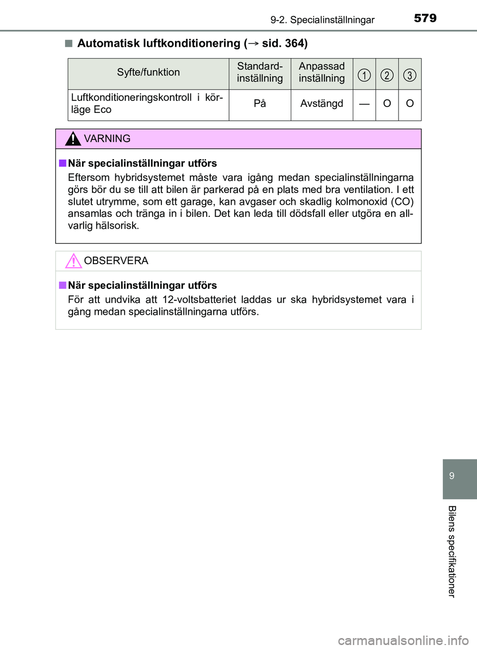 TOYOTA YARIS 2019 Bruksanvisningar (in Swedish) 5799-2. Specialinställningar
9
Bilens specifikationer
YARIS_HV_OM_Europe_OM52K29SEn
Automatisk luftkonditionering (
sid. 364)
Syfte/funktionStandard-
inställningAnpassad
inställning
Luftkondit TOYOTA YARIS 2019 Bruksanvisningar (in Swedish) 5799-2. Specialinställningar
9
Bilens specifikationer
YARIS_HV_OM_Europe_OM52K29SEn
Automatisk luftkonditionering (
sid. 364)
Syfte/funktionStandard-
inställningAnpassad
inställning
Luftkondit