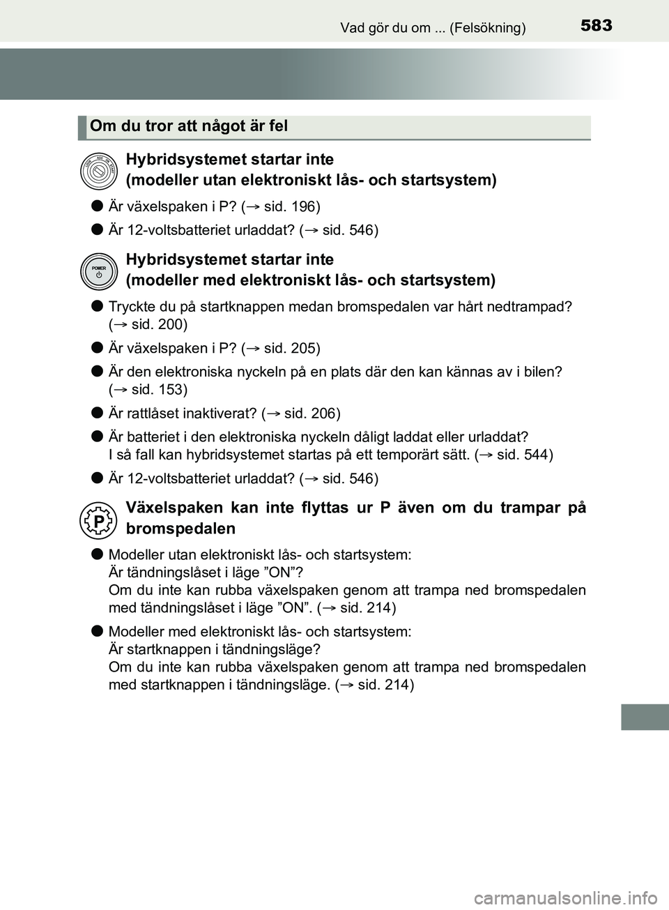 TOYOTA YARIS 2019 Bruksanvisningar (in Swedish) 583Vad gör du om ... (Felsökning)
YARIS_HV_OM_Europe_OM52K29SE
lÄr växelspaken i P? (sid. 196)
lÄr 12-voltsbatteriet urladdat? ( sid. 546)
lTryckte du på startknappen medan bromspedalen va TOYOTA YARIS 2019 Bruksanvisningar (in Swedish) 583Vad gör du om ... (Felsökning)
YARIS_HV_OM_Europe_OM52K29SE
lÄr växelspaken i P? (sid. 196)
lÄr 12-voltsbatteriet urladdat? ( sid. 546)
lTryckte du på startknappen medan bromspedalen va