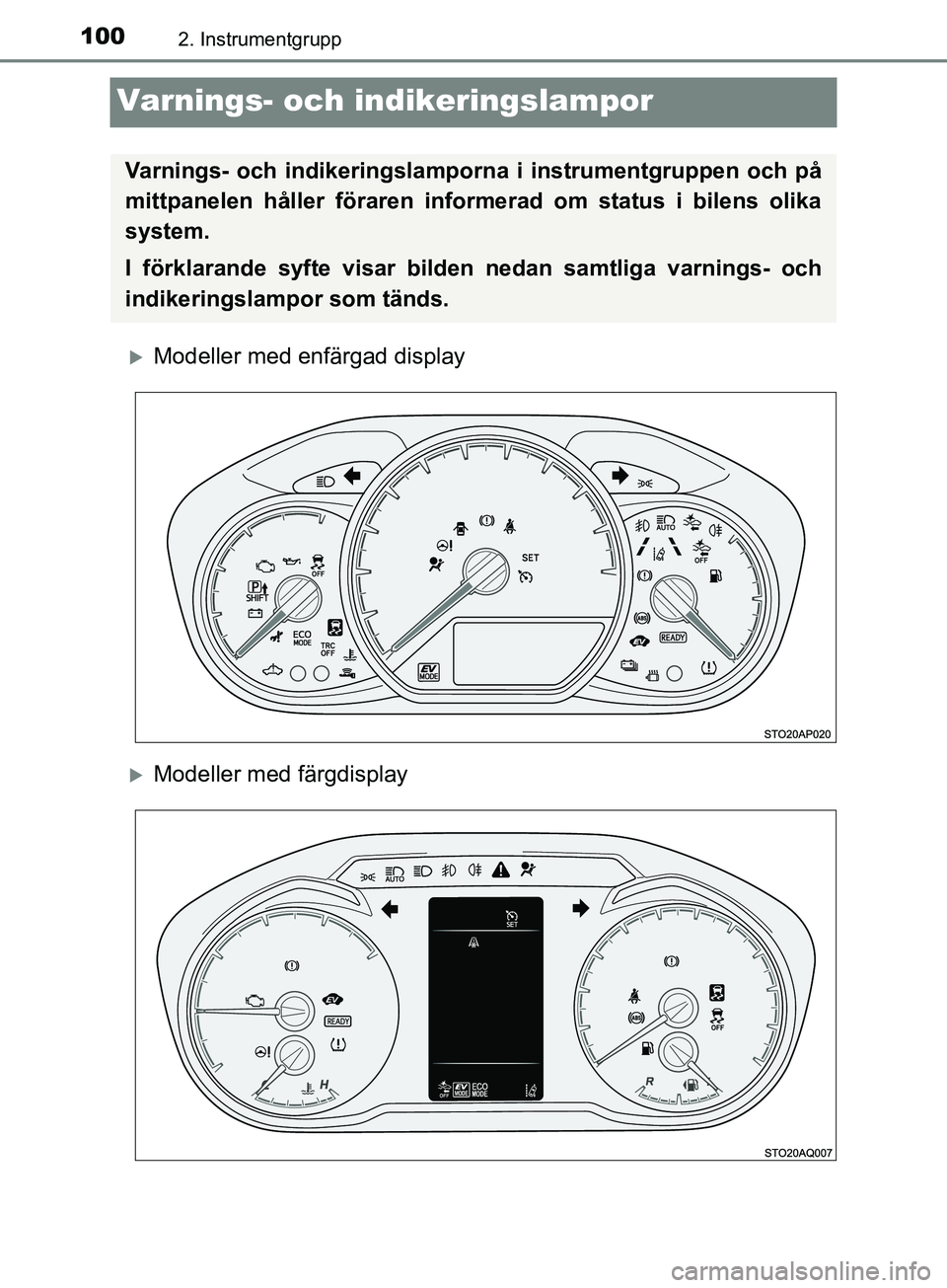 TOYOTA YARIS 2019 Bruksanvisningar (in Swedish) 1002. Instrumentgrupp
YARIS_HV_OM_Europe_OM52K29SE
Varnings- och indikeringslampor
Modeller med enfärgad display
Modeller med färgdisplay
Varnings- och indikeringslamporna i instrumentgruppen TOYOTA YARIS 2019 Bruksanvisningar (in Swedish) 1002. Instrumentgrupp
YARIS_HV_OM_Europe_OM52K29SE
Varnings- och indikeringslampor
Modeller med enfärgad display
Modeller med färgdisplay
Varnings- och indikeringslamporna i instrumentgruppen