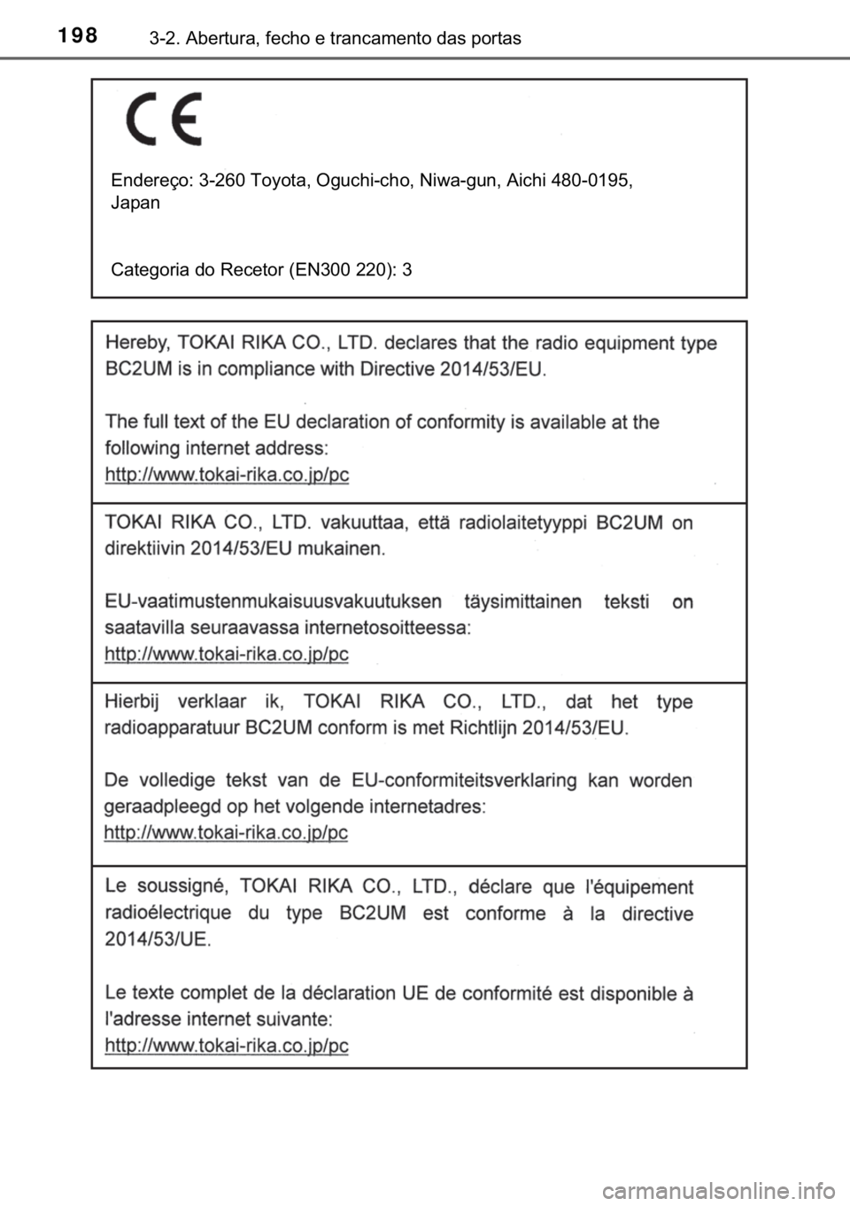 TOYOTA YARIS 2019  Manual de utilização (in Portuguese) 198������$�E�H�U�W�X�U�D���I�H�F�K�R��H��W�U�D�Q�F�D�P�H�Q�W�R��G�D�V��S�R�U�W�D�V
�(�Q�G�H�U�H�o�R���������7�R�\�R�W�D���2�J�X�F�K�L��F�K�R���1�L�Z�D��J�X�Q���$�L�F�K�L��