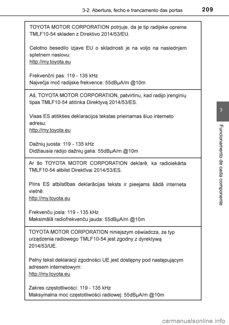 TOYOTA YARIS 2019  Manual de utilização (in Portuguese) 209������$�E�H�U�W�X�U�D���I�H�F�K�R��H��W�U�D�Q�F�D�P�H�Q�W�R��G�D�V��S�R�U�W�D�V
�
�)�X�Q�F�L�R�Q�D�P�H�Q�W�R��G�H��F�D�G�D��F�R�P�S�R�Q�H�Q�W�H 