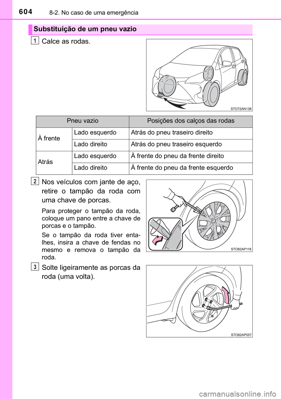 TOYOTA YARIS 2019  Manual de utilização (in Portuguese) 604������1�R��F�D�V�R��G�H��X�P�D��H�P�H�U�J�r�Q�F�L�D
�&�D�O�F�H��D�V��U�R�G�D�V�
�1�R�V��Y�H�t�F�X�O�R�V��F�R�P��M�D�Q�W�H��G�H��D�o�R�
�U�H�W�L�U�H� �R� �W�D�P�S�m�R� �G�D� �U