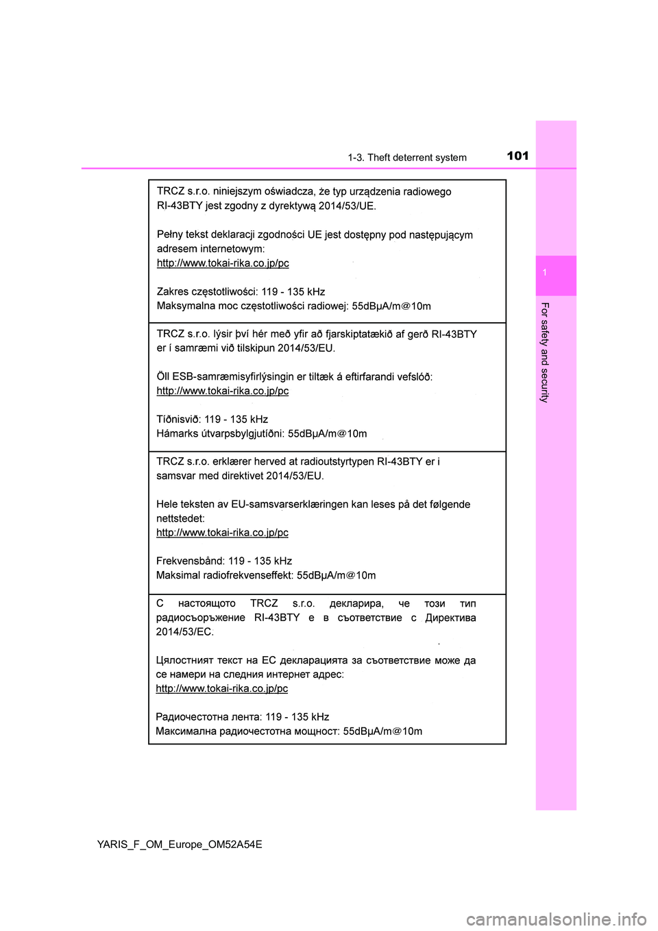 TOYOTA YARIS 2020  Owners Manual 1011-3. Theft deterrent system
1
For safety and security
YARIS_F_OM_Europe_OM52A54E 