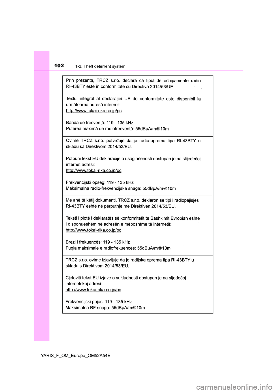 TOYOTA YARIS 2020  Owners Manual 1021-3. Theft deterrent system
YARIS_F_OM_Europe_OM52A54E 
