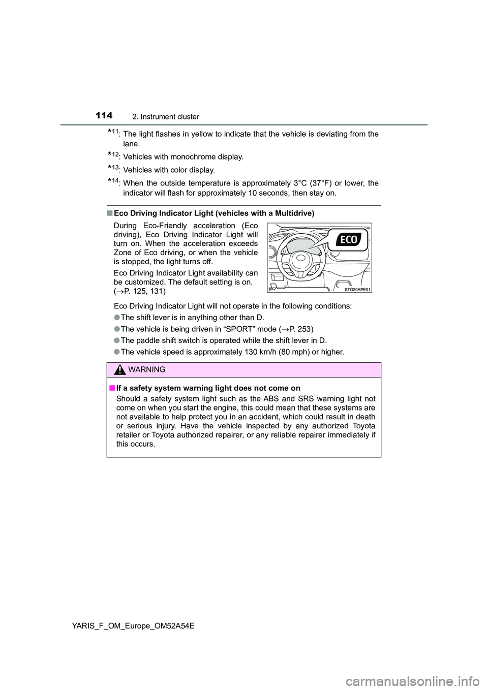 TOYOTA YARIS 2020 Owners Manual 1142. Instrument cluster
YARIS_F_OM_Europe_OM52A54E
*11: The light flashes in yellow to indicate that the vehicle is deviating from the
lane.
*12: Vehicles with monochrome display.
*13: Vehicles with TOYOTA YARIS 2020 Owners Manual 1142. Instrument cluster
YARIS_F_OM_Europe_OM52A54E
*11: The light flashes in yellow to indicate that the vehicle is deviating from the
lane.
*12: Vehicles with monochrome display.
*13: Vehicles with