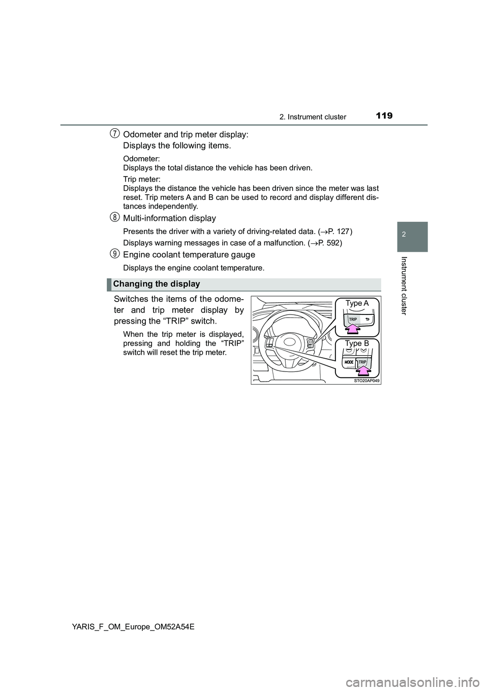 TOYOTA YARIS 2020 Owners Manual 1192. Instrument cluster
2
Instrument cluster
YARIS_F_OM_Europe_OM52A54E
Odometer and trip meter display:
Displays the following items.
Odometer:
Displays the total distance the vehicle has been dri TOYOTA YARIS 2020 Owners Manual 1192. Instrument cluster
2
Instrument cluster
YARIS_F_OM_Europe_OM52A54E
Odometer and trip meter display:
Displays the following items.
Odometer:
Displays the total distance the vehicle has been dri