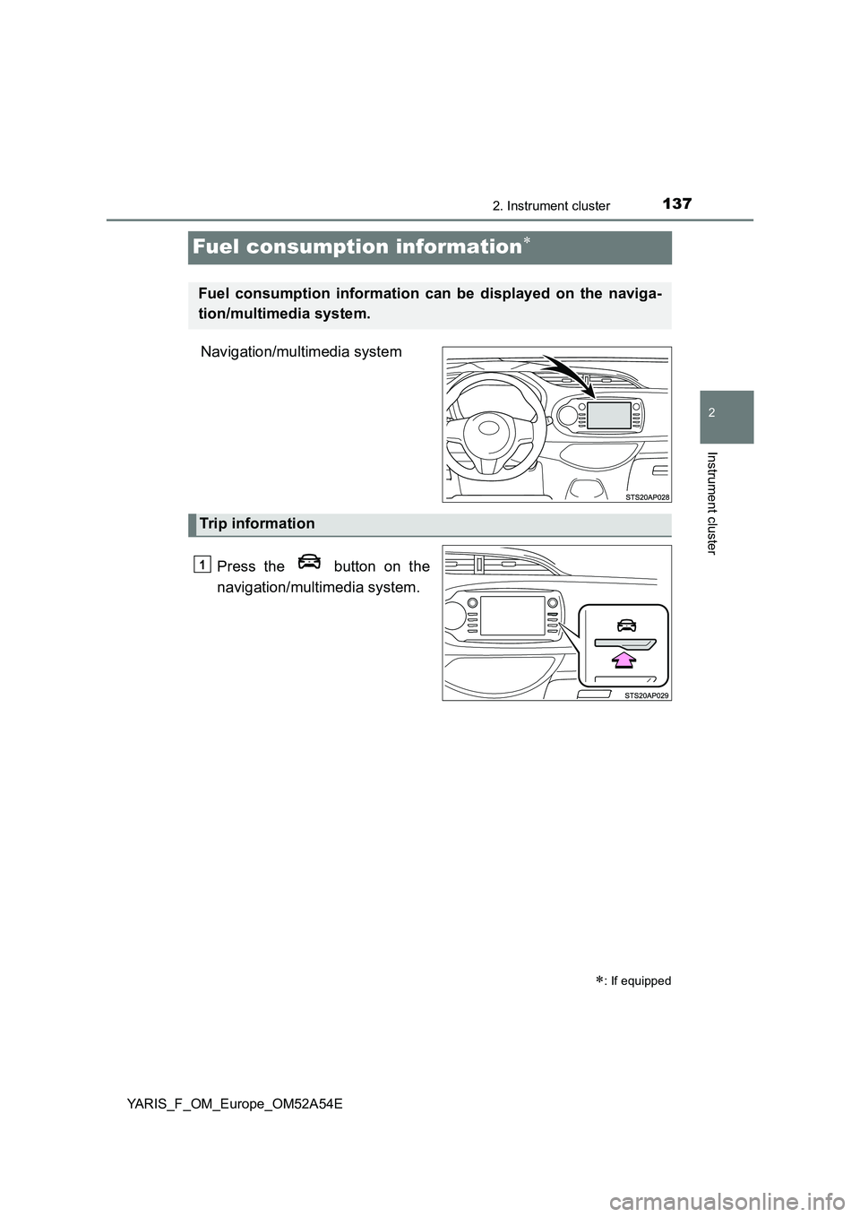 TOYOTA YARIS 2020 Owners Manual 137
2
2. Instrument cluster
Instrument cluster
YARIS_F_OM_Europe_OM52A54E
Fuel consumption information
Navigation/multimedia system
Press the button on the
navigation/multimedia system.
: If TOYOTA YARIS 2020 Owners Manual 137
2
2. Instrument cluster
Instrument cluster
YARIS_F_OM_Europe_OM52A54E
Fuel consumption information
Navigation/multimedia system
Press the button on the
navigation/multimedia system.
: If