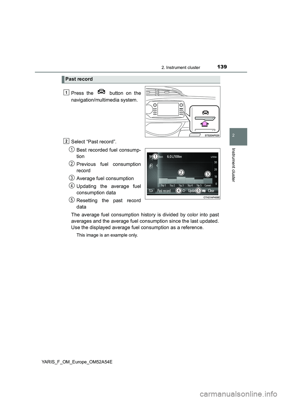 TOYOTA YARIS 2020 Owners Manual 1392. Instrument cluster
2
Instrument cluster
YARIS_F_OM_Europe_OM52A54E
Press the button on the
navigation/multimedia system.
Select “Past record”.
Best recorded fuel consump-
tion
Previou TOYOTA YARIS 2020 Owners Manual 1392. Instrument cluster
2
Instrument cluster
YARIS_F_OM_Europe_OM52A54E
Press the button on the
navigation/multimedia system.
Select “Past record”.
Best recorded fuel consump-
tion
Previou