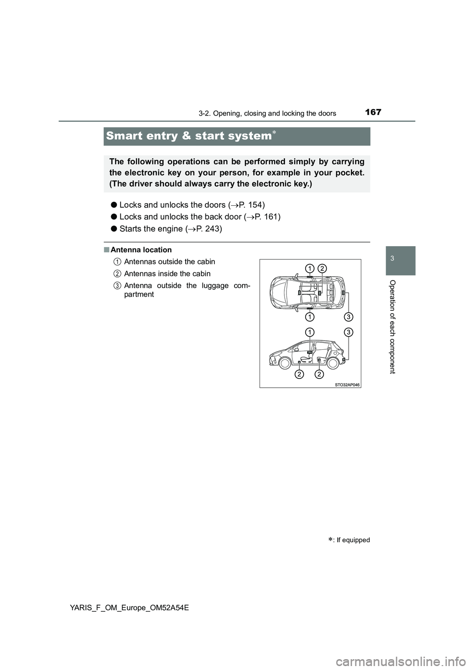 TOYOTA YARIS 2020 Owners Manual 167
3
3-2. Opening, closing and locking the doors
Operation of each component
YARIS_F_OM_Europe_OM52A54E
Smart entry & start system
●Locks and unlocks the doors (P. 154)
● Locks and unlocks TOYOTA YARIS 2020 Owners Manual 167
3
3-2. Opening, closing and locking the doors
Operation of each component
YARIS_F_OM_Europe_OM52A54E
Smart entry & start system
●Locks and unlocks the doors (P. 154)
● Locks and unlocks