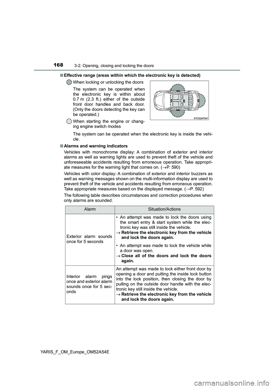 TOYOTA YARIS 2020 Owners Manual 1683-2. Opening, closing and locking the doors
YARIS_F_OM_Europe_OM52A54E
■ Effective range (areas within which the electronic key is detected)
The system can be operated when the electronic key i TOYOTA YARIS 2020 Owners Manual 1683-2. Opening, closing and locking the doors
YARIS_F_OM_Europe_OM52A54E
■ Effective range (areas within which the electronic key is detected)
The system can be operated when the electronic key i