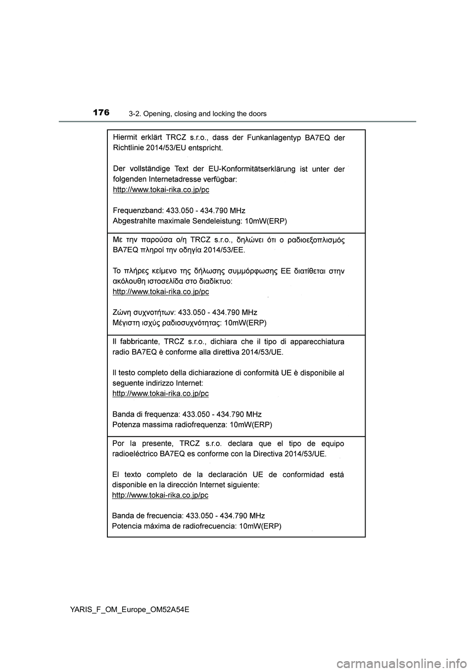 TOYOTA YARIS 2020  Owners Manual 1763-2. Opening, closing and locking the doors
YARIS_F_OM_Europe_OM52A54E 