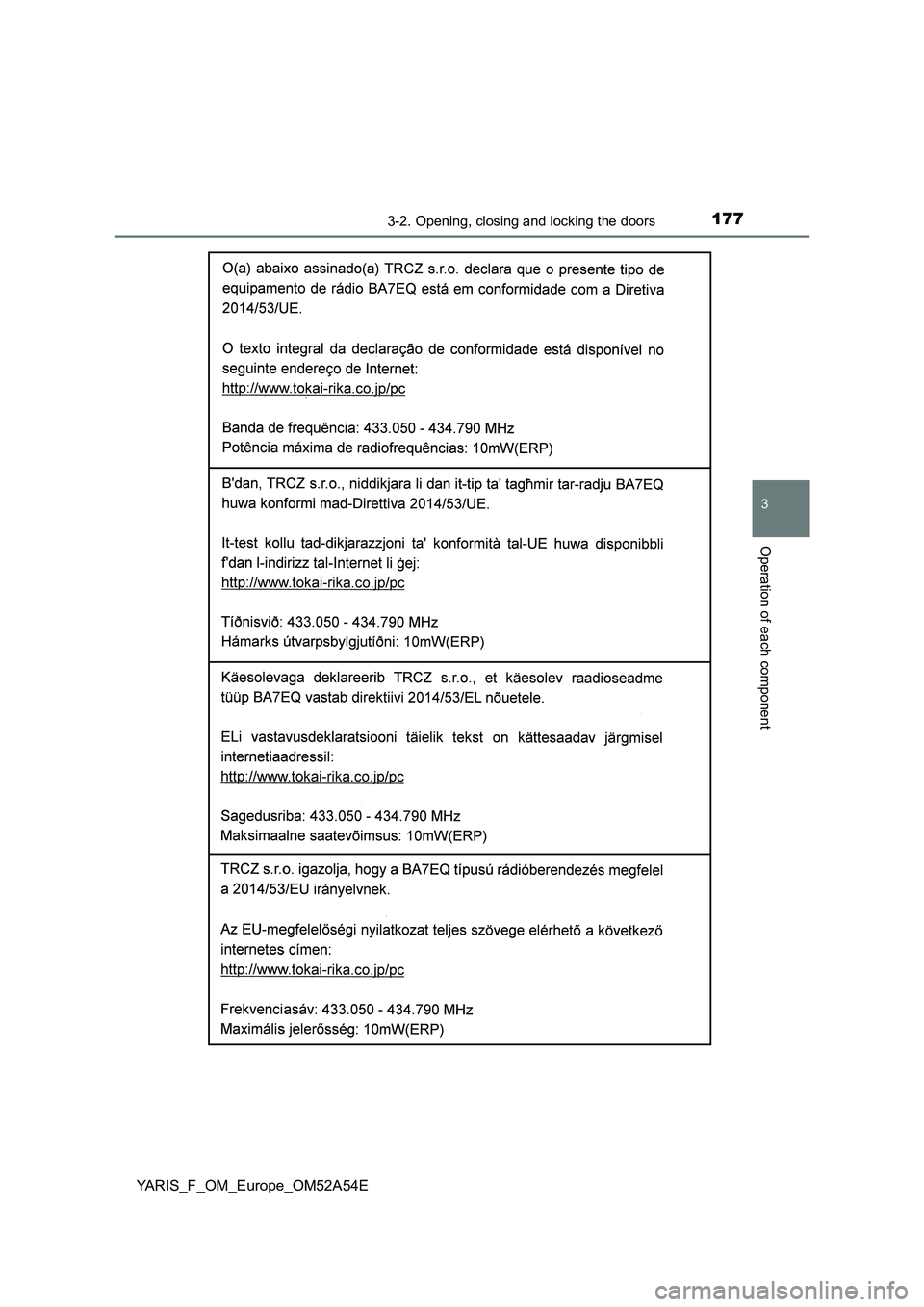 TOYOTA YARIS 2020  Owners Manual 1773-2. Opening, closing and locking the doors
3
Operation of each component
YARIS_F_OM_Europe_OM52A54E 