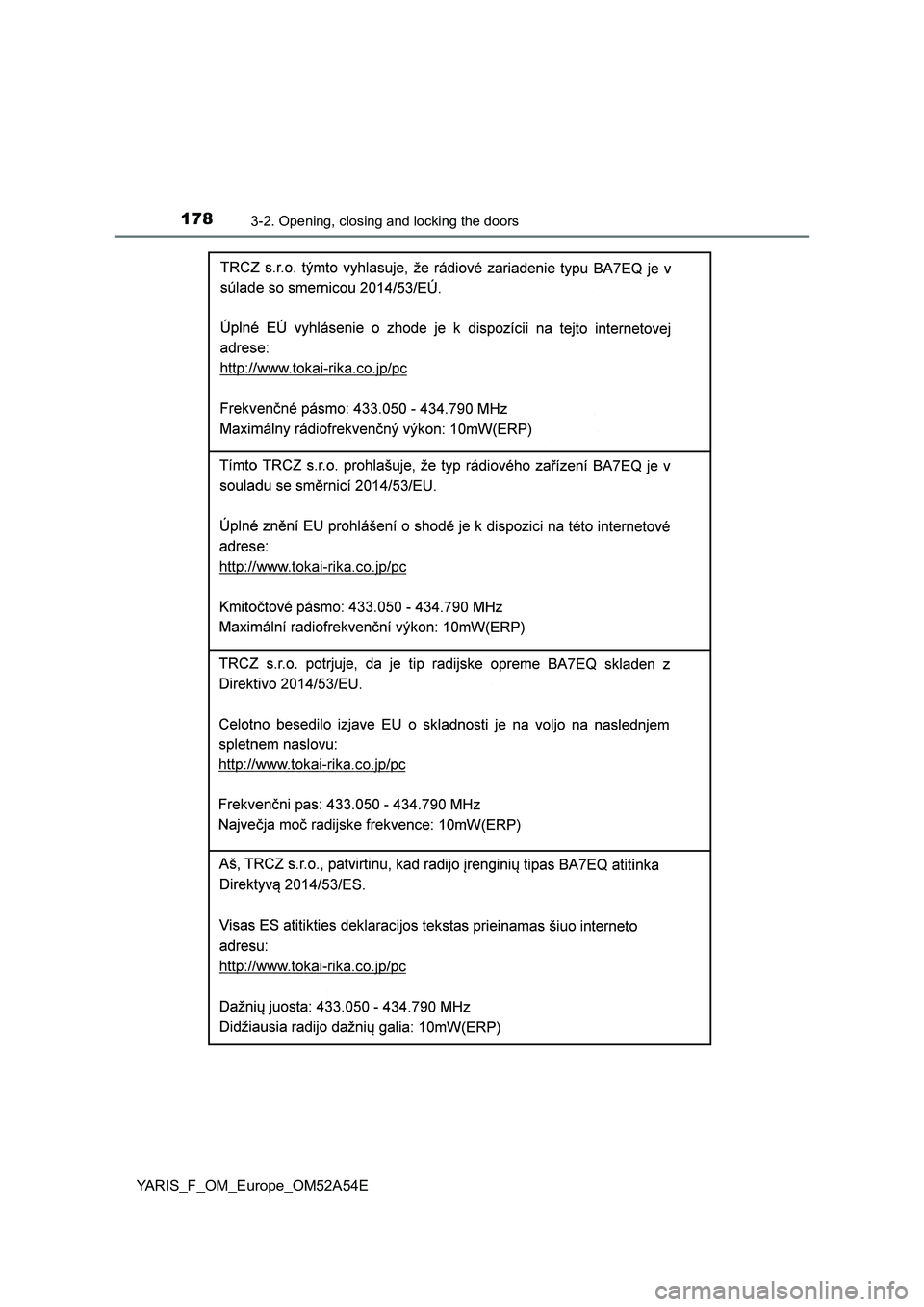 TOYOTA YARIS 2020  Owners Manual 1783-2. Opening, closing and locking the doors
YARIS_F_OM_Europe_OM52A54E 