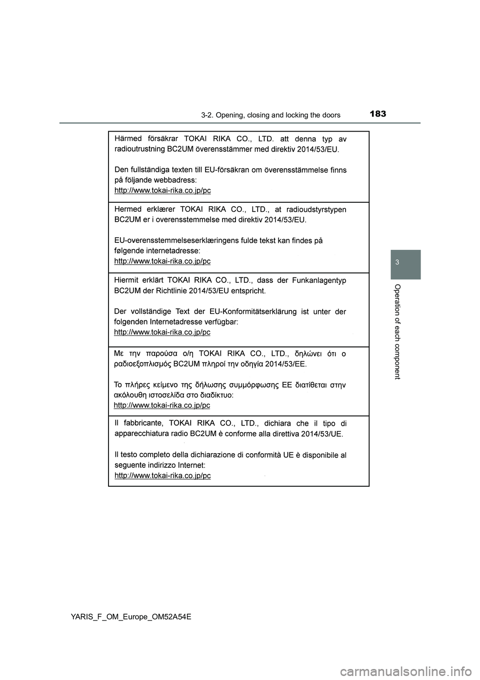 TOYOTA YARIS 2020 Owners Manual 1833-2. Opening, closing and locking the doors
3
Operation of each component
YARIS_F_OM_Europe_OM52A54E TOYOTA YARIS 2020 Owners Manual 1833-2. Opening, closing and locking the doors
3
Operation of each component
YARIS_F_OM_Europe_OM52A54E