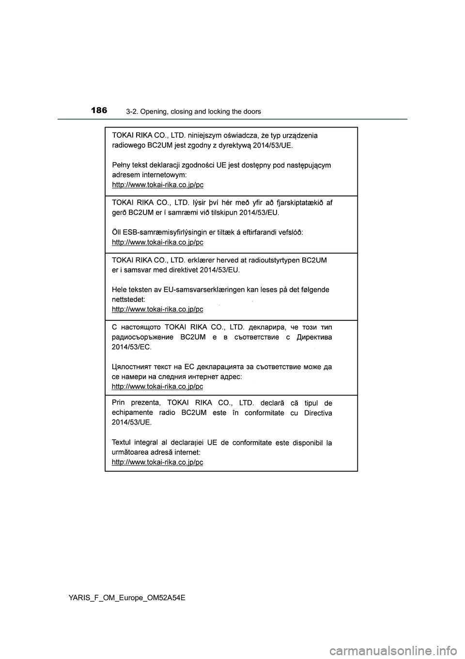TOYOTA YARIS 2020 Owners Manual 1863-2. Opening, closing and locking the doors
YARIS_F_OM_Europe_OM52A54E TOYOTA YARIS 2020 Owners Manual 1863-2. Opening, closing and locking the doors
YARIS_F_OM_Europe_OM52A54E