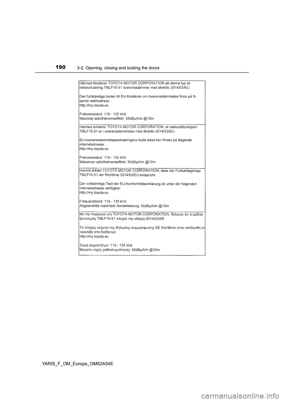 TOYOTA YARIS 2020 Owners Manual 1903-2. Opening, closing and locking the doors
YARIS_F_OM_Europe_OM52A54E TOYOTA YARIS 2020 Owners Manual 1903-2. Opening, closing and locking the doors
YARIS_F_OM_Europe_OM52A54E