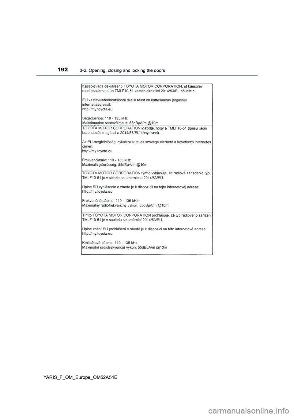 TOYOTA YARIS 2020  Owners Manual 1923-2. Opening, closing and locking the doors
YARIS_F_OM_Europe_OM52A54E 
