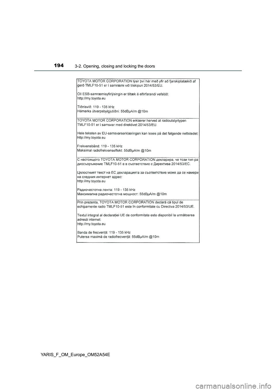 TOYOTA YARIS 2020  Owners Manual 1943-2. Opening, closing and locking the doors
YARIS_F_OM_Europe_OM52A54E 