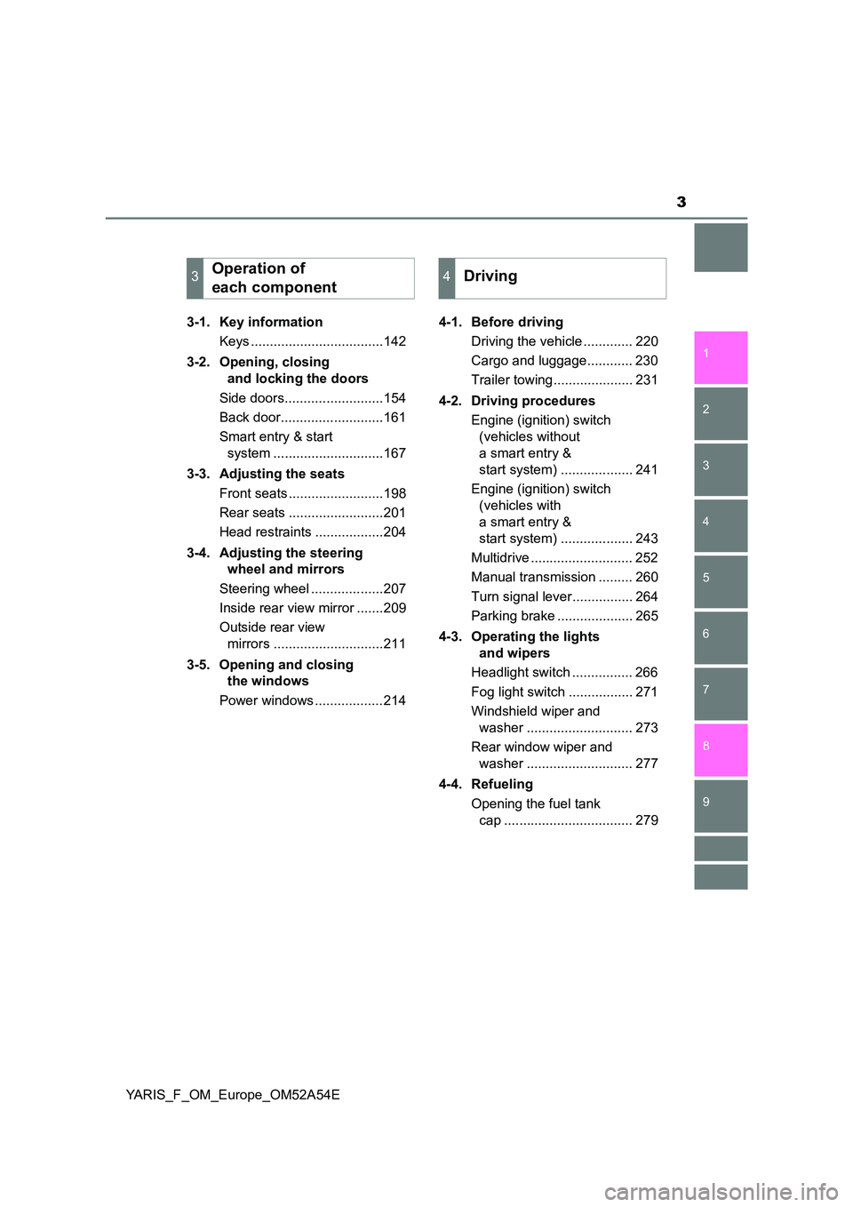 TOYOTA YARIS 2020  Owners Manual 3
1 
7 
8 
6 
5
4
3
2
9
YARIS_F_OM_Europe_OM52A54E 
3-1. Key information 
Keys ...................................142 
3-2. Opening, closing  
and locking the doors 
Side doors........................