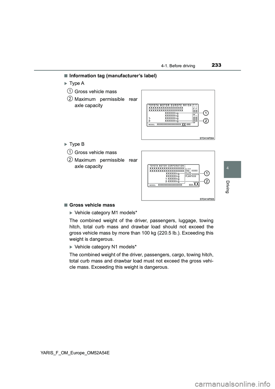 TOYOTA YARIS 2020 Owners Manual 2334-1. Before driving
4
Driving
YARIS_F_OM_Europe_OM52A54E
■Information tag (manufacturer’s label)
Ty pe A
Gross vehicle mass
Maximum permissible rear
axle capacity
Ty pe B
Gross veh TOYOTA YARIS 2020 Owners Manual 2334-1. Before driving
4
Driving
YARIS_F_OM_Europe_OM52A54E
■Information tag (manufacturer’s label)
Ty pe A
Gross vehicle mass
Maximum permissible rear
axle capacity
Ty pe B
Gross veh