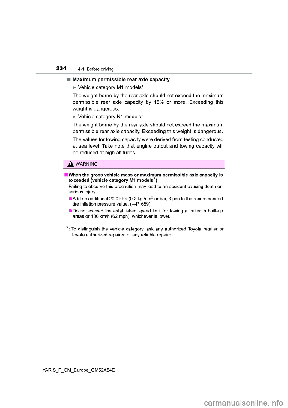 TOYOTA YARIS 2020 Owners Manual 2344-1. Before driving
YARIS_F_OM_Europe_OM52A54E
■Maximum permissible rear axle capacity
Vehicle category M1 models*
The weight borne by the rear axle should not exceed the maximum
permissibl TOYOTA YARIS 2020 Owners Manual 2344-1. Before driving
YARIS_F_OM_Europe_OM52A54E
■Maximum permissible rear axle capacity
Vehicle category M1 models*
The weight borne by the rear axle should not exceed the maximum
permissibl