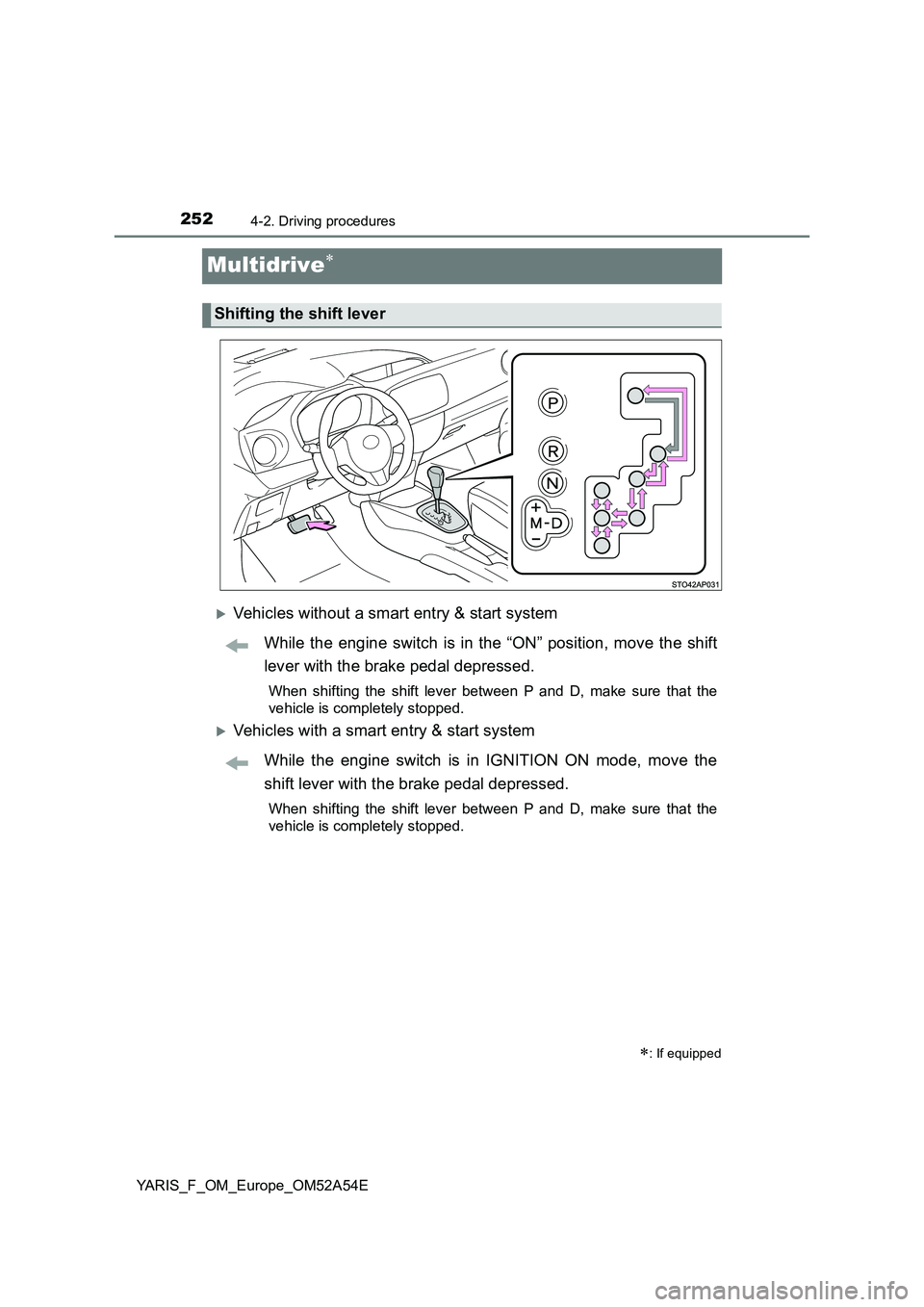 TOYOTA YARIS 2020 Owners Manual 2524-2. Driving procedures
YARIS_F_OM_Europe_OM52A54E
Multidrive
Vehicles without a smart entry & start system
While the engine switch is in the “ON” position, move the shift
lever with the TOYOTA YARIS 2020 Owners Manual 2524-2. Driving procedures
YARIS_F_OM_Europe_OM52A54E
Multidrive
Vehicles without a smart entry & start system
While the engine switch is in the “ON” position, move the shift
lever with the