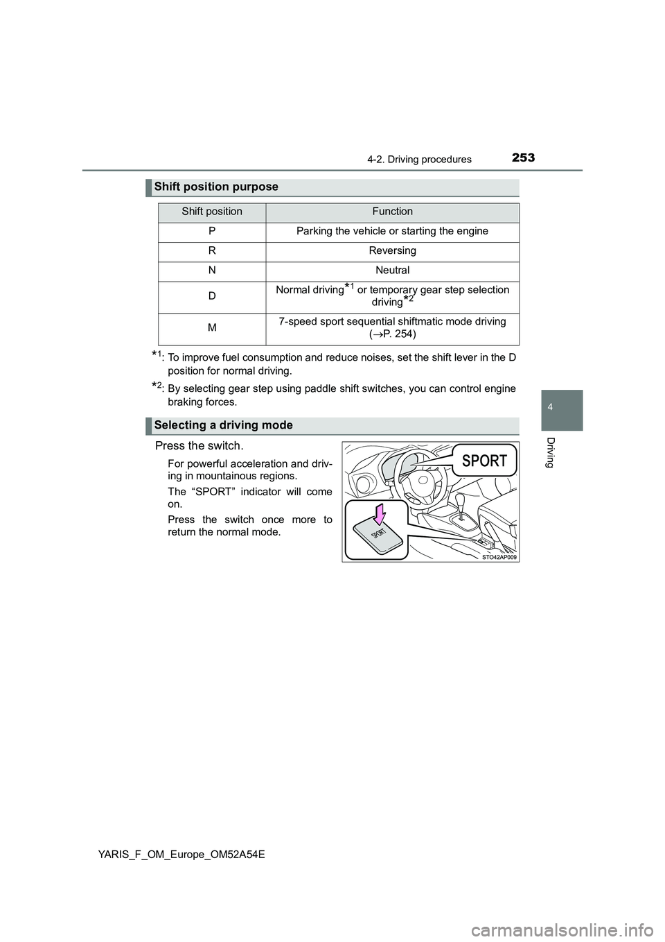 TOYOTA YARIS 2020 Owners Manual 2534-2. Driving procedures
4
Driving
YARIS_F_OM_Europe_OM52A54E
*1: To improve fuel consumption and reduce noises, set the shift lever in the D
position for normal driving.
*2: By selecting gear step TOYOTA YARIS 2020 Owners Manual 2534-2. Driving procedures
4
Driving
YARIS_F_OM_Europe_OM52A54E
*1: To improve fuel consumption and reduce noises, set the shift lever in the D
position for normal driving.
*2: By selecting gear step