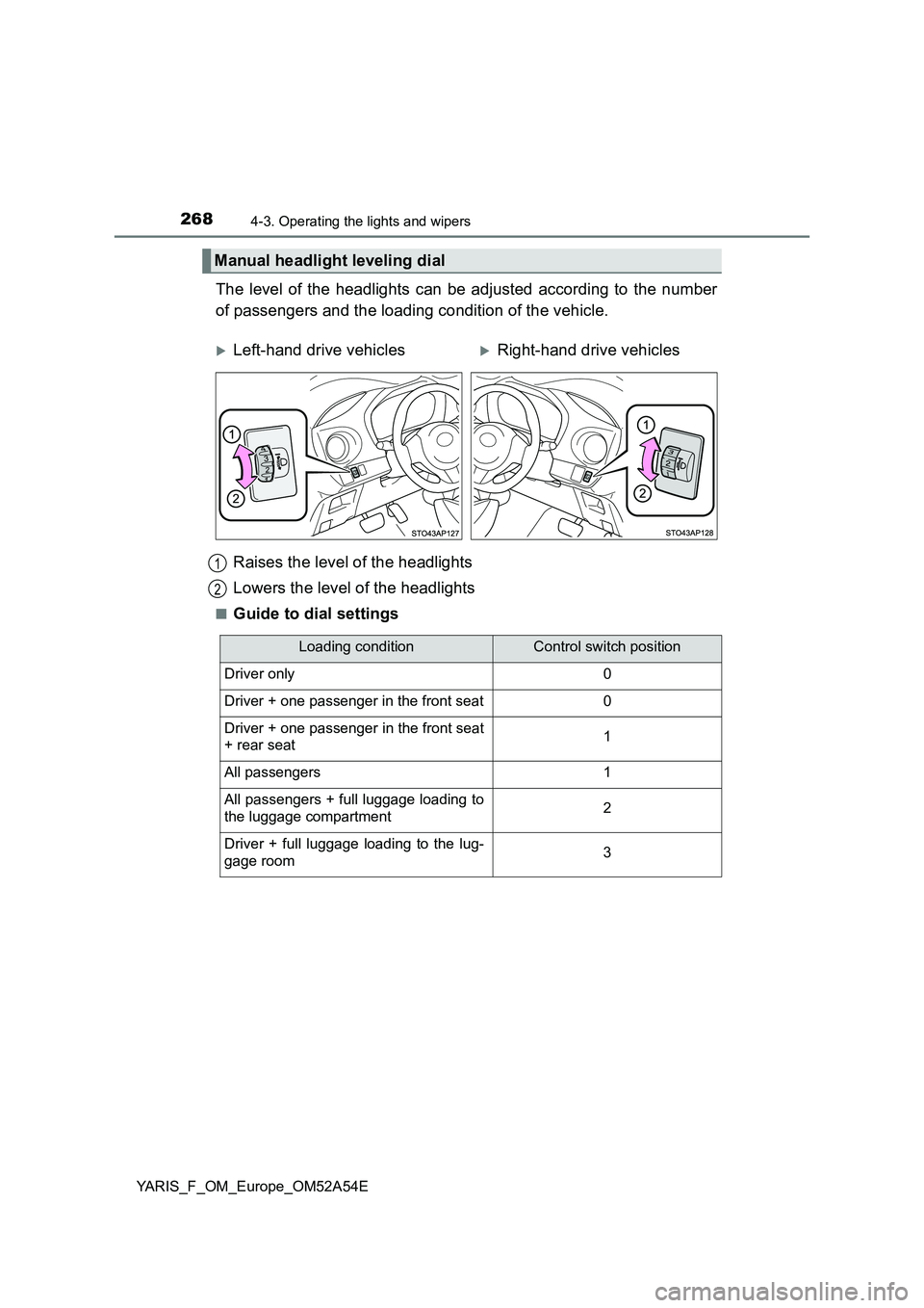 TOYOTA YARIS 2020 Owners Manual 2684-3. Operating the lights and wipers
YARIS_F_OM_Europe_OM52A54E
The level of the headlights can be adjusted according to the number
of passengers and the loading condition of the vehicle.
Raises TOYOTA YARIS 2020 Owners Manual 2684-3. Operating the lights and wipers
YARIS_F_OM_Europe_OM52A54E
The level of the headlights can be adjusted according to the number
of passengers and the loading condition of the vehicle.
Raises