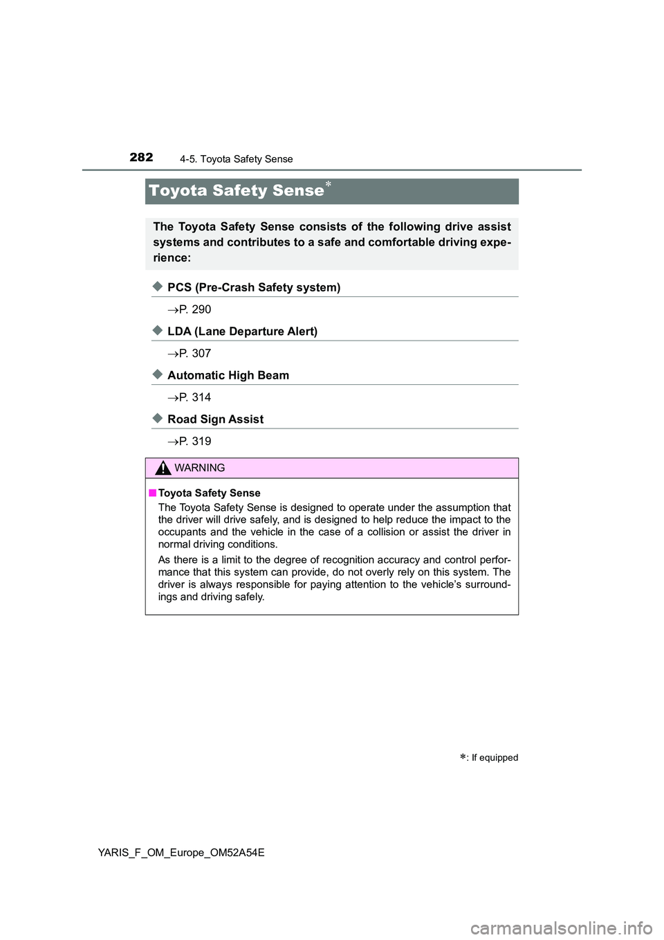 TOYOTA YARIS 2020 Owners Manual 2824-5. Toyota Safety Sense
YARIS_F_OM_Europe_OM52A54E
Toyota Safety Sense
◆PCS (Pre-Crash Safety system)
P. 2 9 0
◆LDA (Lane Departure Alert)
P. 3 0 7
◆Automatic High Beam
P TOYOTA YARIS 2020 Owners Manual 2824-5. Toyota Safety Sense
YARIS_F_OM_Europe_OM52A54E
Toyota Safety Sense
◆PCS (Pre-Crash Safety system)
P. 2 9 0
◆LDA (Lane Departure Alert)
P. 3 0 7
◆Automatic High Beam
P