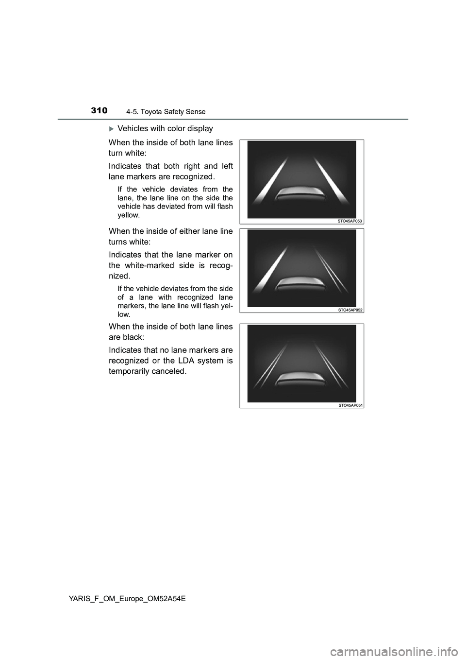 TOYOTA YARIS 2020 Owners Manual 3104-5. Toyota Safety Sense
YARIS_F_OM_Europe_OM52A54E
Vehicles with color display
When the inside of both lane lines
turn white:
Indicates that both right and left
lane markers are recognized.
If TOYOTA YARIS 2020 Owners Manual 3104-5. Toyota Safety Sense
YARIS_F_OM_Europe_OM52A54E
Vehicles with color display
When the inside of both lane lines
turn white:
Indicates that both right and left
lane markers are recognized.
If