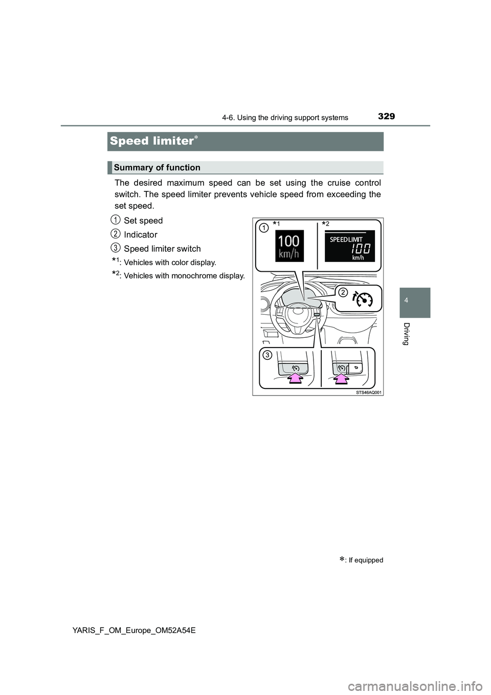 TOYOTA YARIS 2020 Owners Manual 329
4
4-6. Using the driving support systems
Driving
YARIS_F_OM_Europe_OM52A54E
Speed limiter
The desired maximum speed can be set using the cruise control
switch. The speed limiter prevents vehic TOYOTA YARIS 2020 Owners Manual 329
4
4-6. Using the driving support systems
Driving
YARIS_F_OM_Europe_OM52A54E
Speed limiter
The desired maximum speed can be set using the cruise control
switch. The speed limiter prevents vehic
