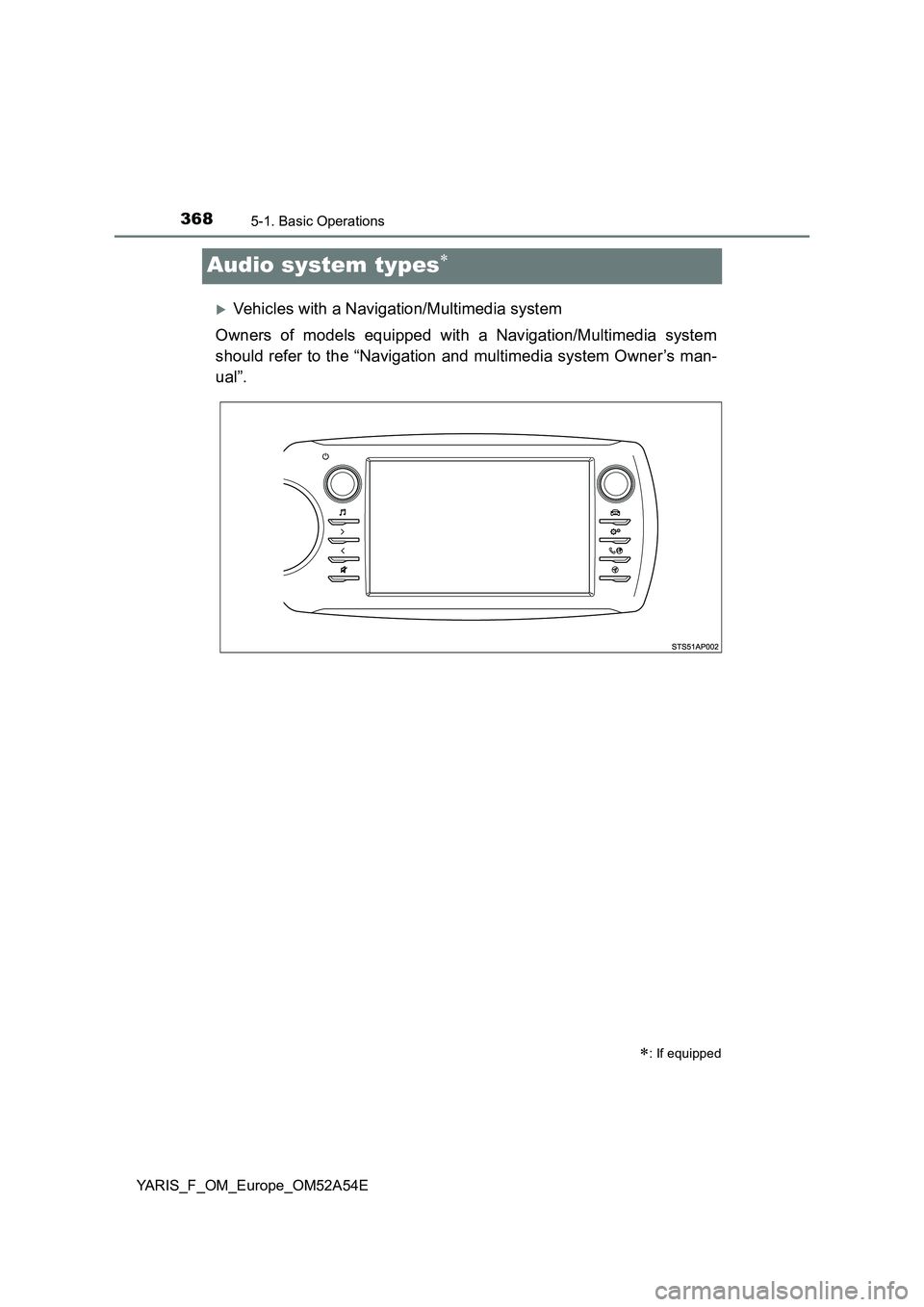 TOYOTA YARIS 2020 Owners Manual 3685-1. Basic Operations
YARIS_F_OM_Europe_OM52A54E
Audio system types
Vehicles with a Navigation/Multimedia system
Owners of models equipped with a Navigation/Multimedia system
should refer t TOYOTA YARIS 2020 Owners Manual 3685-1. Basic Operations
YARIS_F_OM_Europe_OM52A54E
Audio system types
Vehicles with a Navigation/Multimedia system
Owners of models equipped with a Navigation/Multimedia system
should refer t